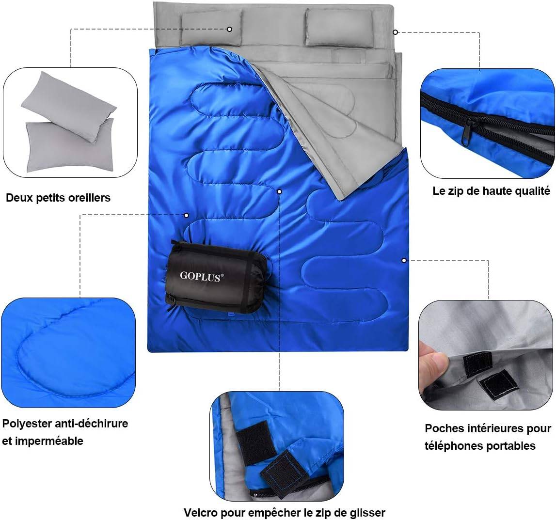 Sac de Couchage pour 2 Personnes avec 2 Oreillers Résistant au Vent et Imperméable Idéal pour la Randonnée, Les Voyages, Le Camping, et Les Activités - Image 3