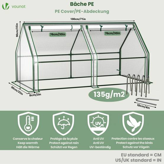 Mini Serre de jardin avec 2 portes enroulables bache PE renforcee 135g/m2 180x90x90cm Blanc - Image 3