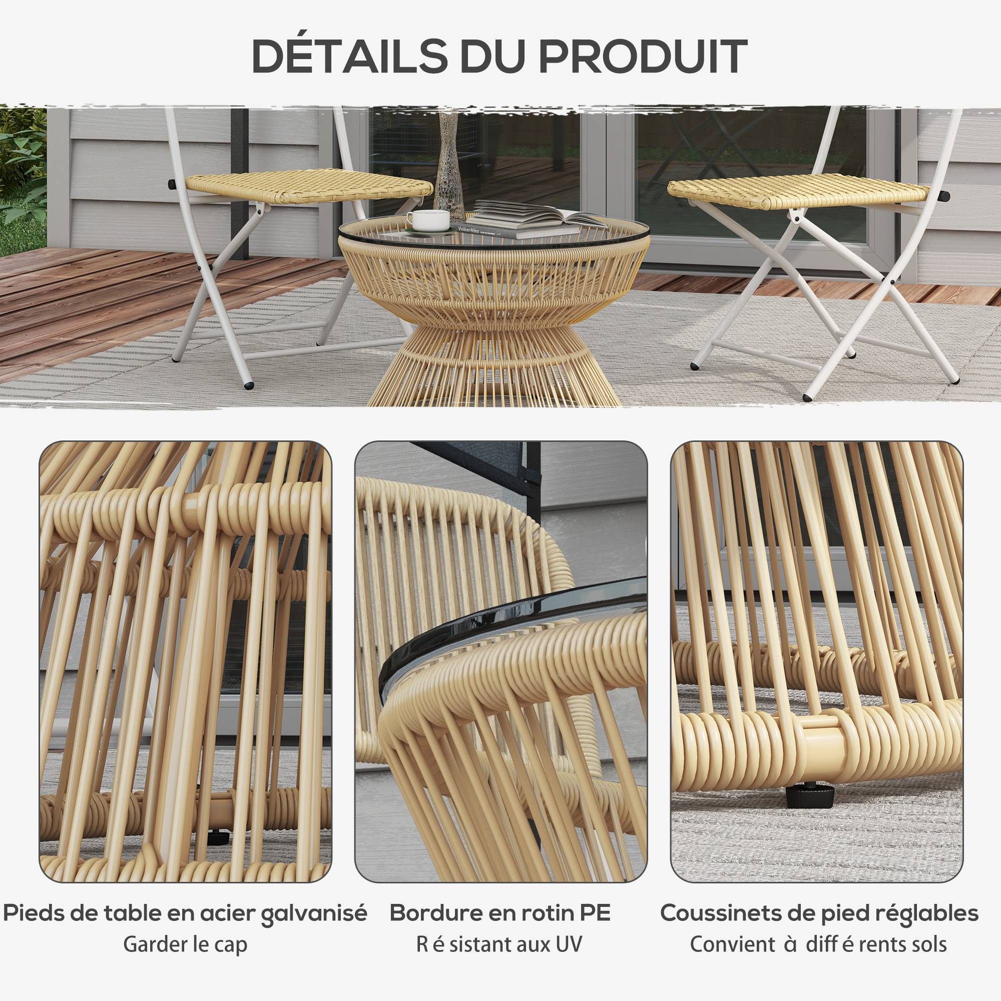 Table basse de jardin résine tressée et verre trempé 60 x 60 x 37 cm - PANGIVO - Image 8