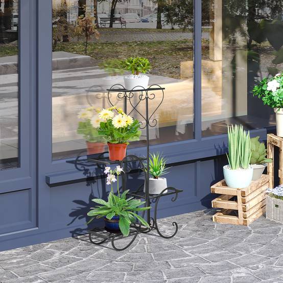 Étagère porte-plantes métal 4 niveaux intérieur extérieur présentation fleurs 45x25x80cm noir - ComfortXL Outdoor Living - Image 3