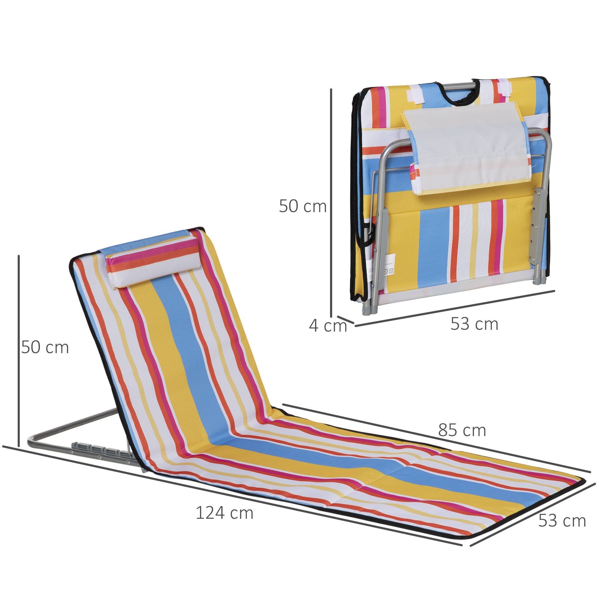 Lot de 2 Tapis de Plage Pliables avec Dossier et Appui-Tête Réglables, Tissu Oxford et Cadre Acier, Sac de Transport, 124 x 53 x 45 cm, Multicolore - Image 5