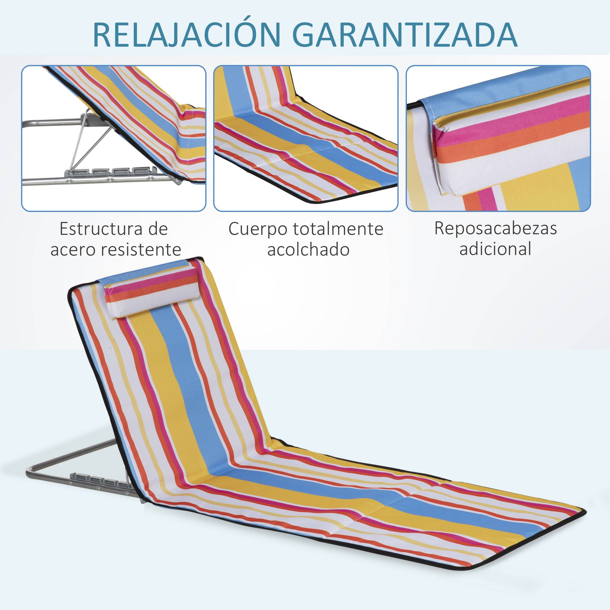 Lot de 2 Tapis de Plage Pliables avec Dossier et Appui-Tête Réglables, Tissu Oxford et Cadre Acier, Sac de Transport, 124 x 53 x 45 cm, Multicolore - Image 9