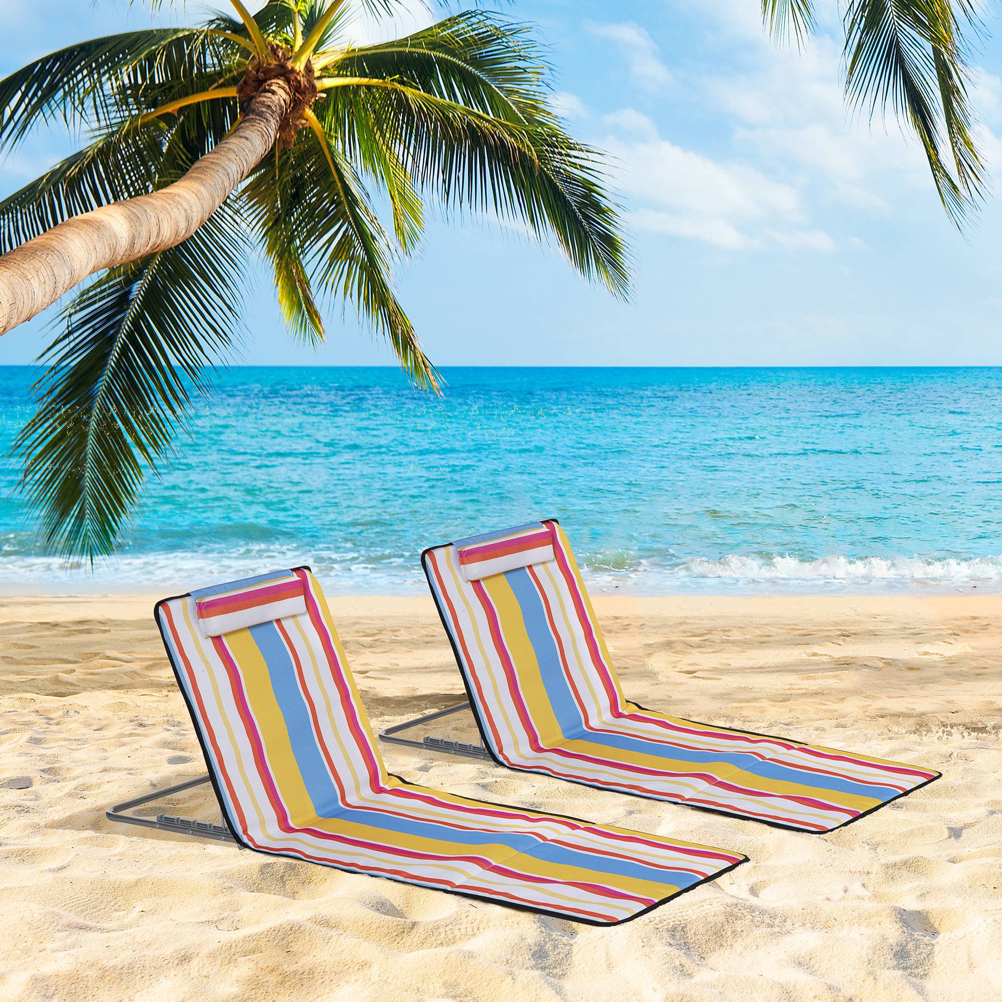 Lot de 2 Tapis de Plage Pliables avec Dossier et Appui-Tête Réglables, Tissu Oxford et Cadre Acier, Sac de Transport, 124 x 53 x 45 cm, Multicolore - Image 4