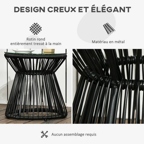 Table basse ronde Résine tressée Jardin & terrasse Plateau verre trempé 40x40x42cm Noir - ComfortXL Outdoor Living - Image 7