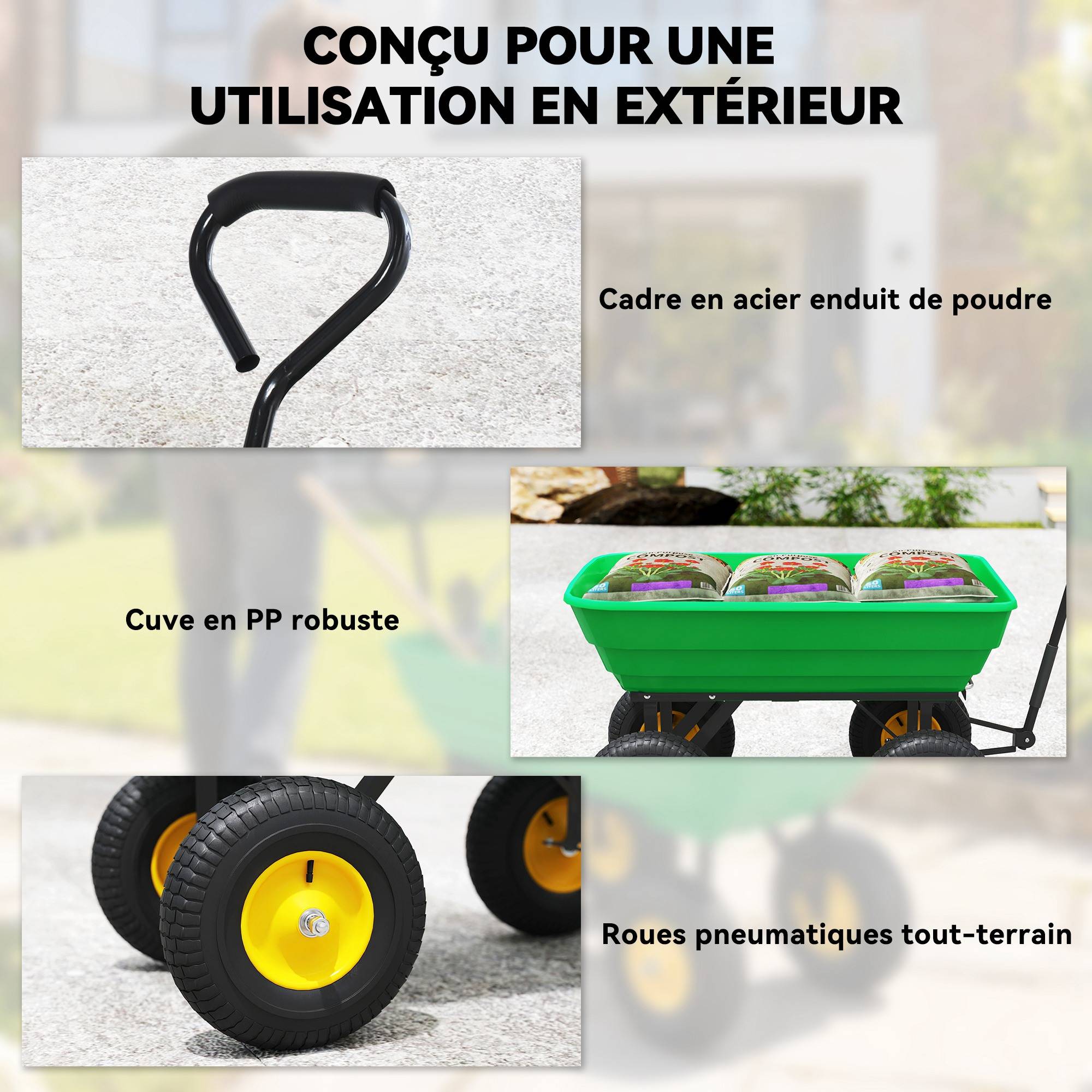 Chariot de jardin acier plastique extérieur benne basculante 75L 109x52x94cm vert - ComfortXL Outdoor Living - Image 7