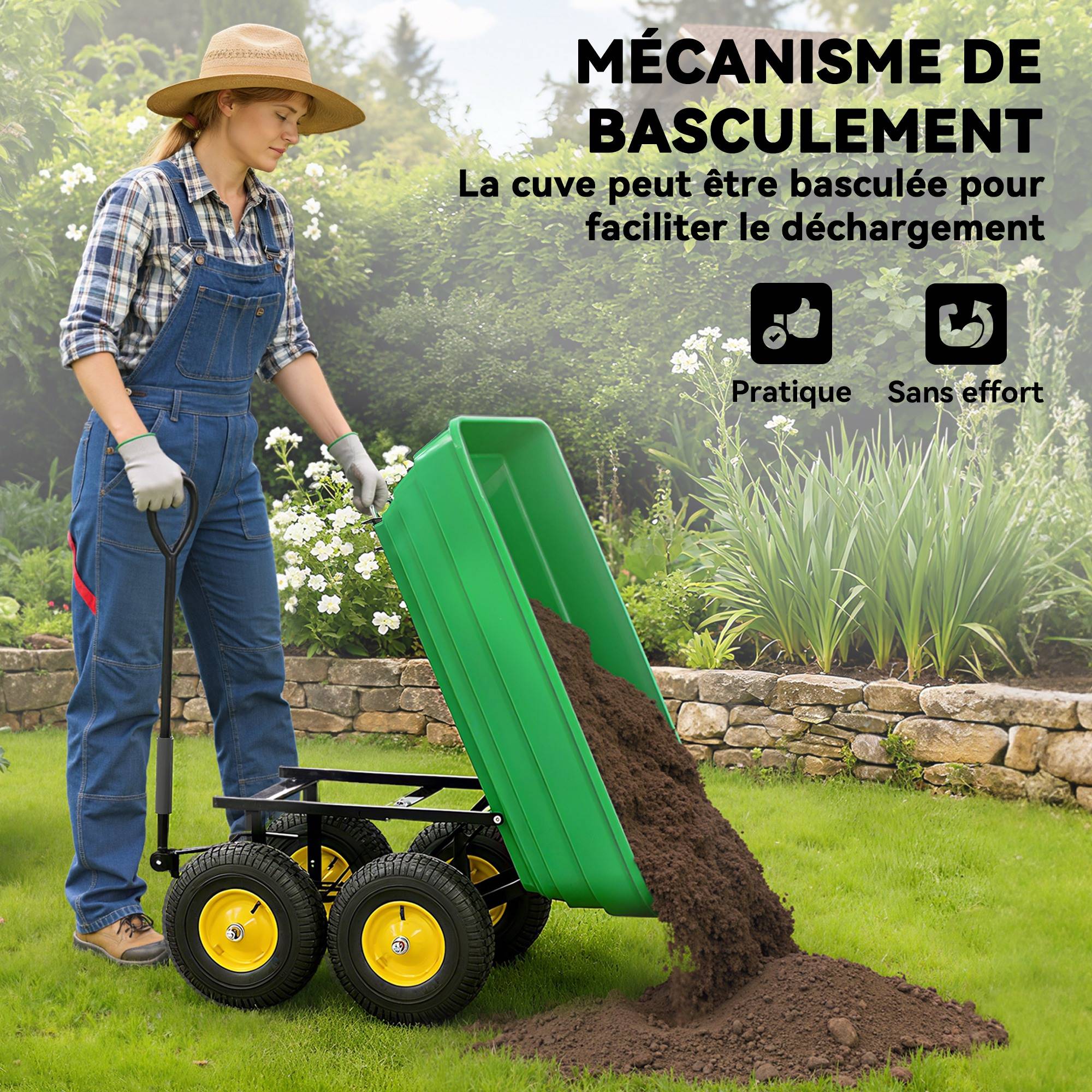 Chariot de jardin acier plastique extérieur benne basculante 75L 109x52x94cm vert - ComfortXL Outdoor Living - Image 6