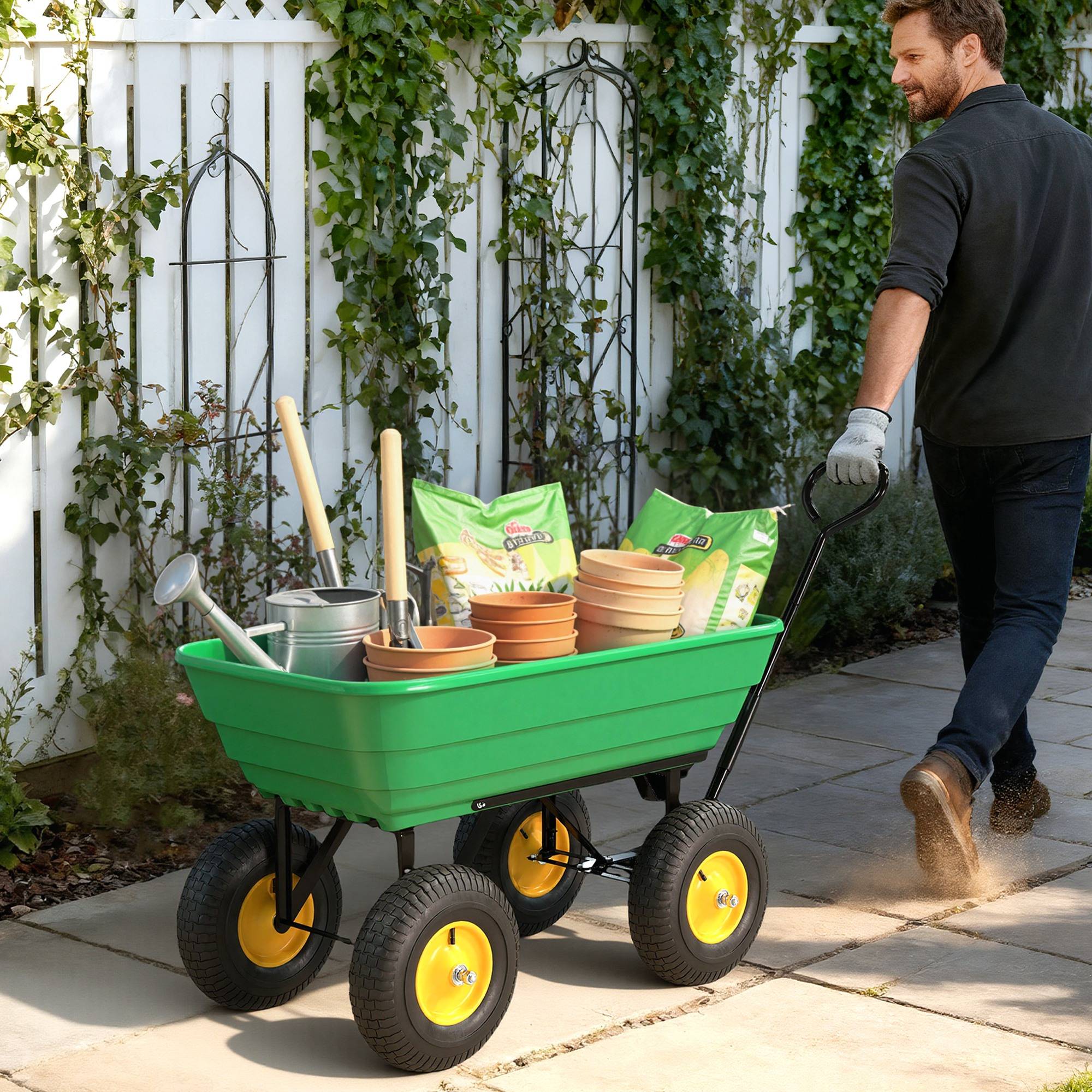 Chariot de jardin acier plastique extérieur benne basculante 75L 109x52x94cm vert - ComfortXL Outdoor Living - Image 4