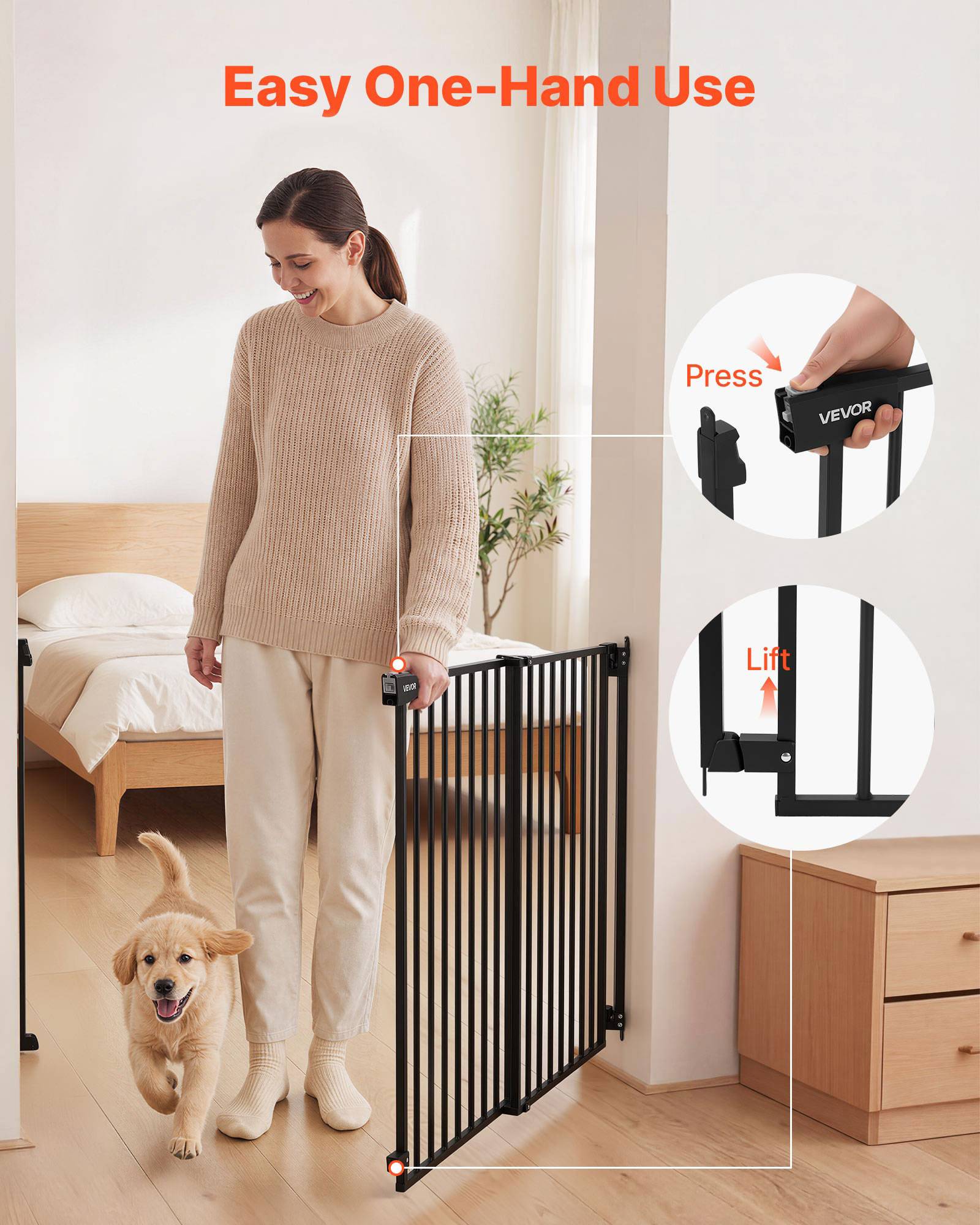 Vevor - VEVOR Barrière de sécurité bébé réglable 778–1210 mm, hauteur 760 mm, sans barre au sol, fixation par perçage, double verrouillage, noir. - Image 5