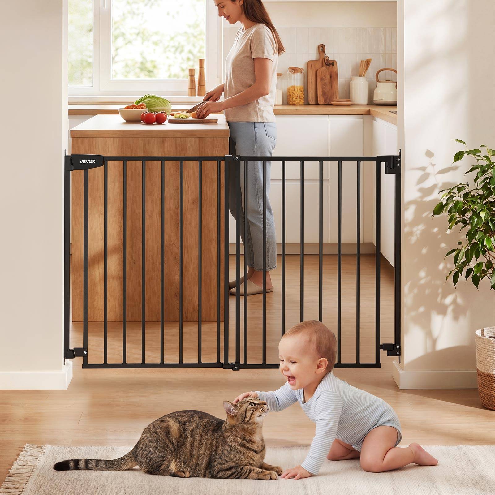 Vevor - VEVOR Barrière de sécurité bébé réglable 778–1210 mm, hauteur 760 mm, sans barre au sol, fixation par perçage, double verrouillage, noir. - Image 1