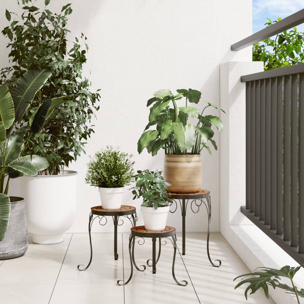 Set de 3 Supports à Plantes Céramique et Fer Design Mosaïque pour Jardin Balcon Patio Terre Cuite – ComfortXL Outdoor Living - Imagen 3