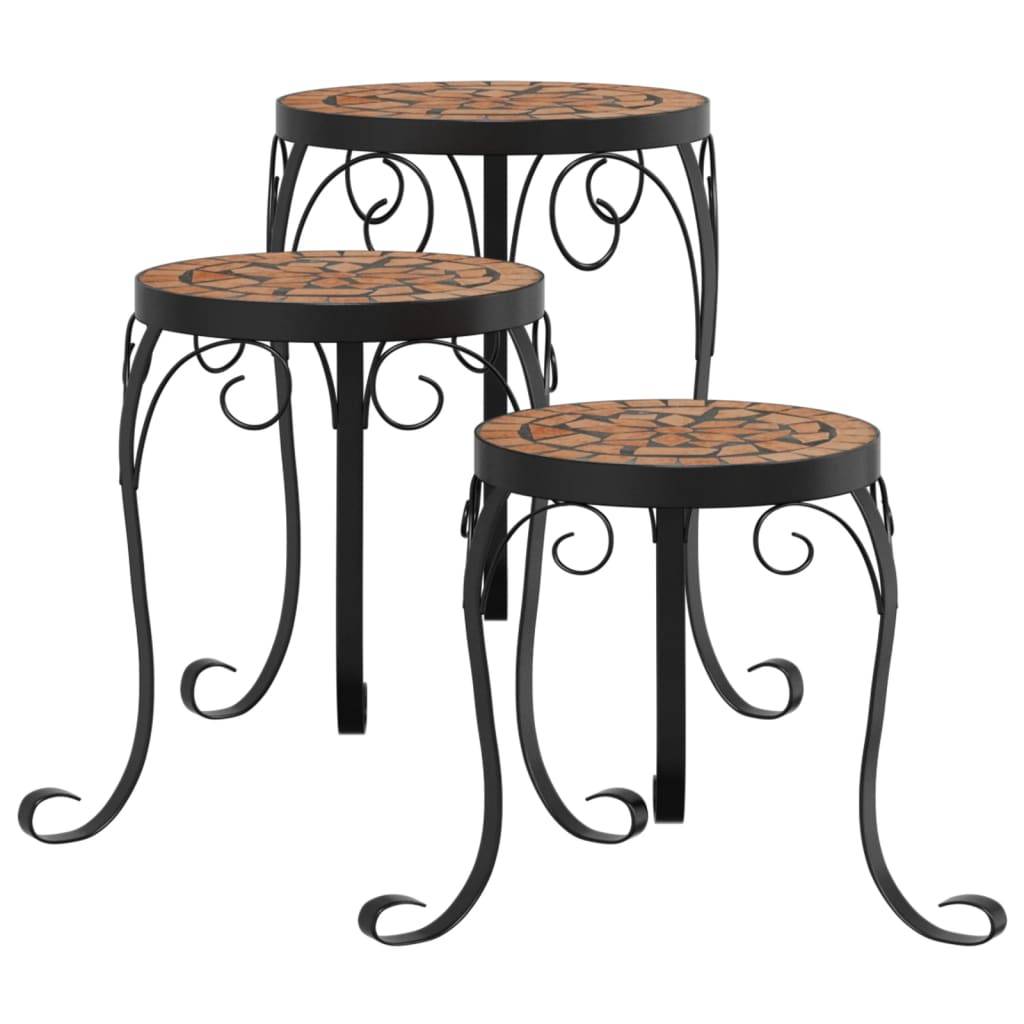 Set de 3 Supports à Plantes Céramique et Fer Design Mosaïque pour Jardin Balcon Patio Terre Cuite – ComfortXL Outdoor Living - Imagen 2