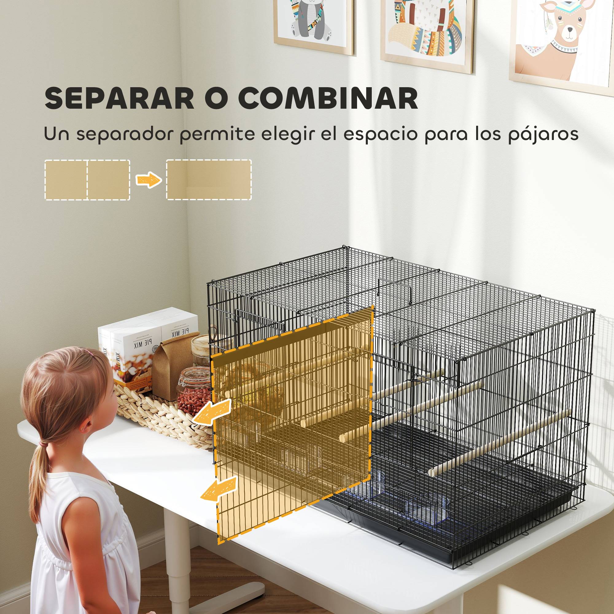 Cage pour oiseaux avec séparateur, 4 mangeoires, 4 oiseaux, plateau amovible pour perruches (Loros canarios), 76 x 46 x 46 cm, noire - Image 6