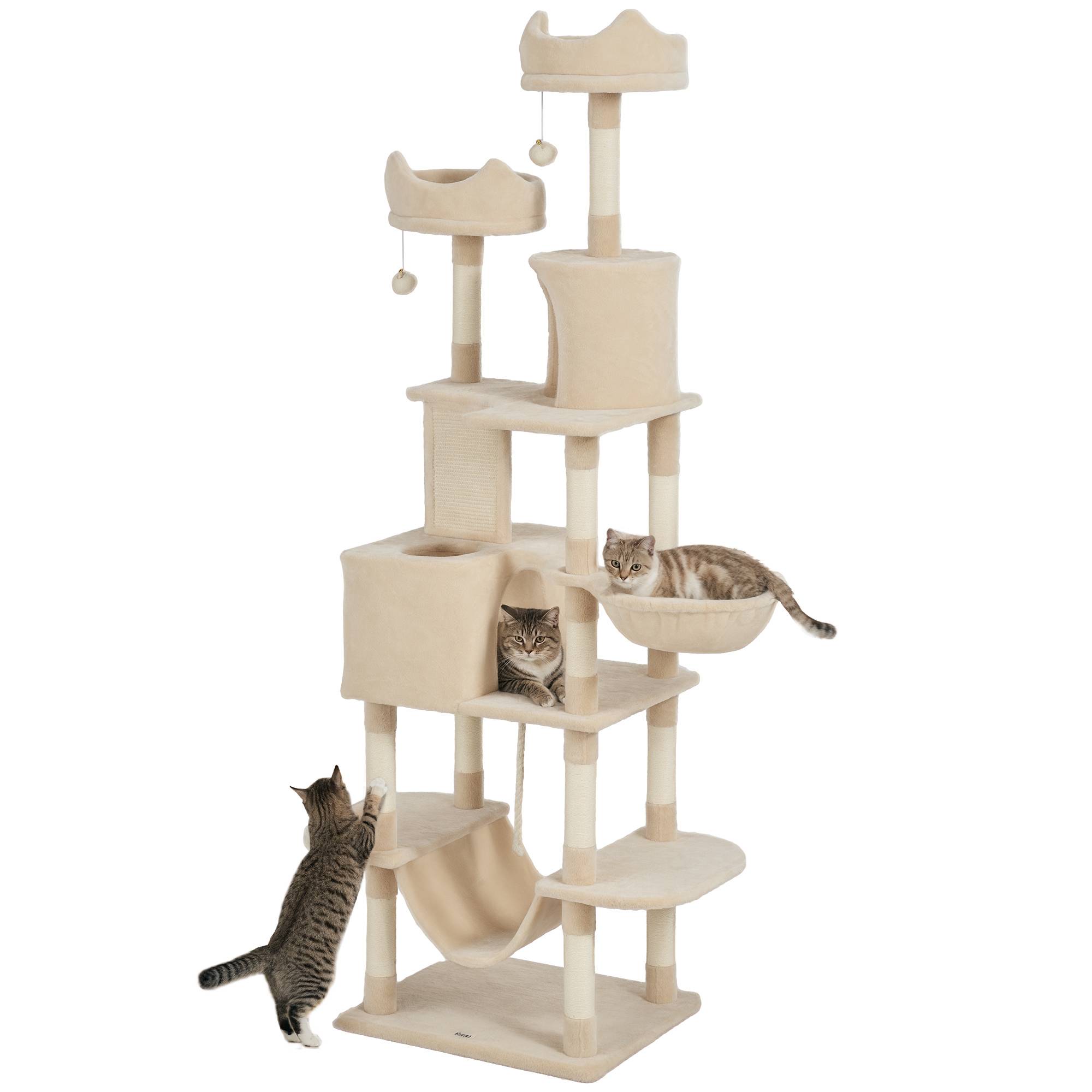 arbre à chat beige géant 206 cm niches niveaux hamacs balles suspendues chat intérieur grand stable