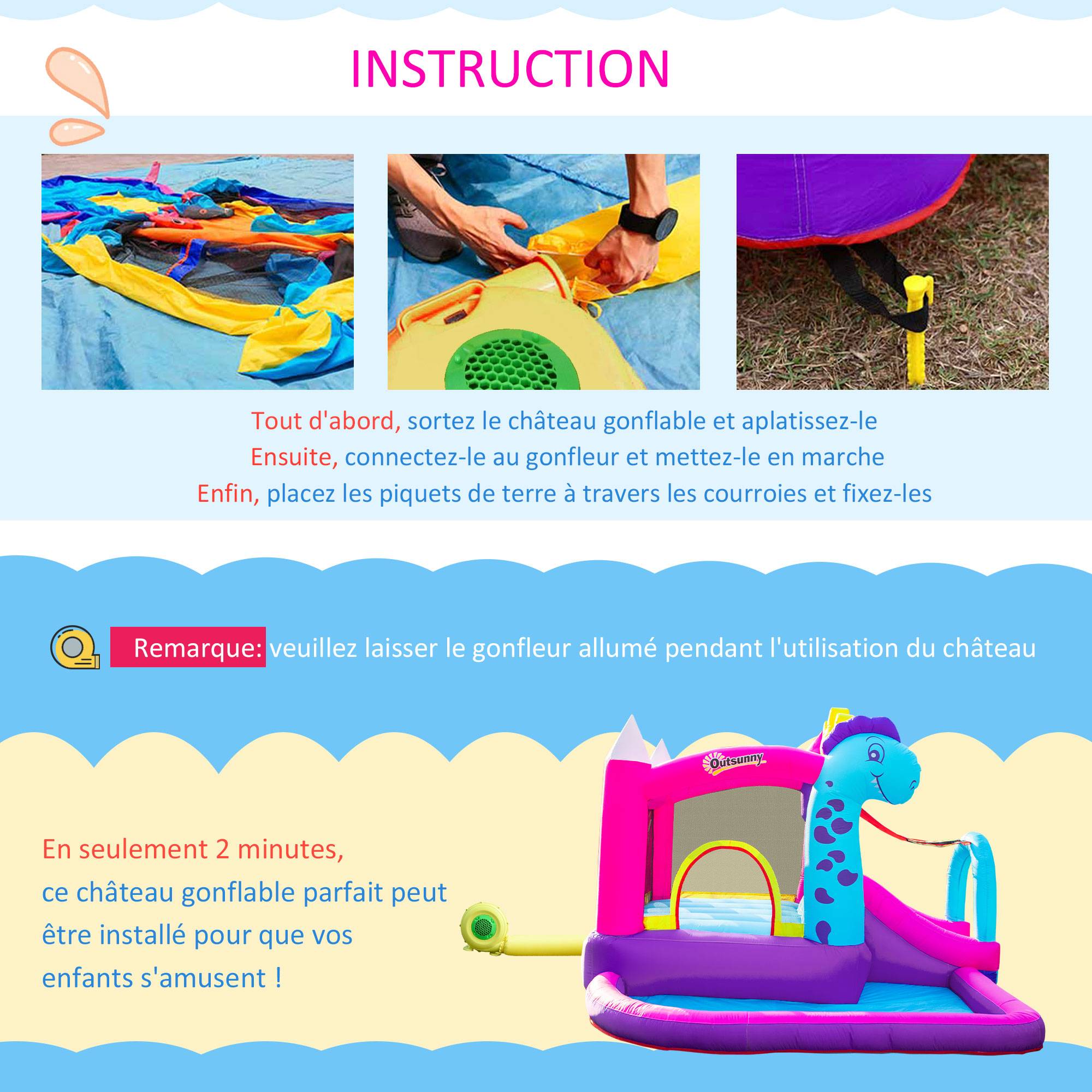 Château gonflable toboggan trampoline piscine panier, jusqu'à 3 enfants +3 ans, souffleur 350W + sac, 300×270×200 cm, multicolore - Image 8