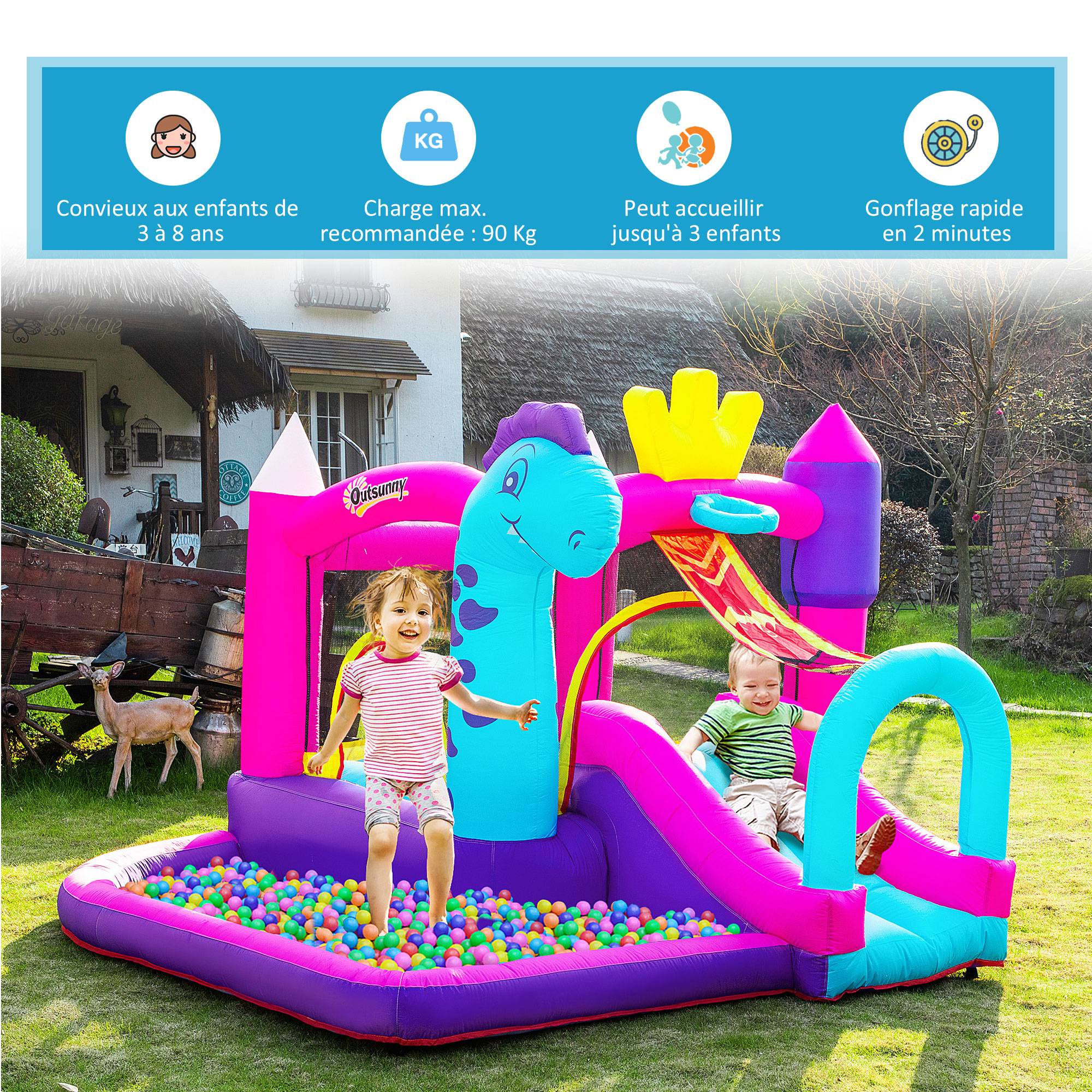 Château gonflable toboggan trampoline piscine panier, jusqu'à 3 enfants +3 ans, souffleur 350W + sac, 300×270×200 cm, multicolore - Image 7