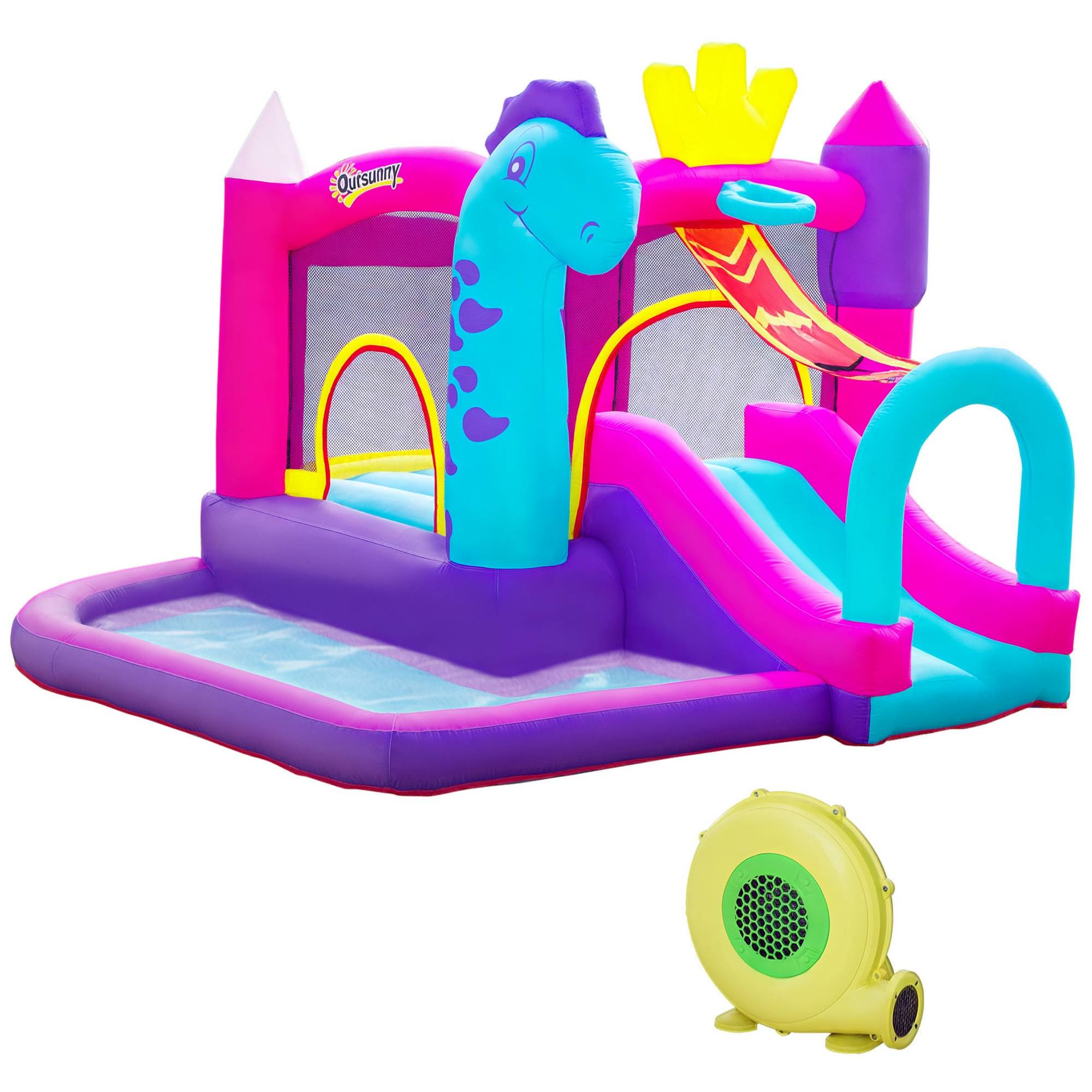 Château gonflable toboggan trampoline piscine panier, jusqu'à 3 enfants +3 ans, souffleur 350W + sac, 300×270×200 cm, multicolore - Image 1
