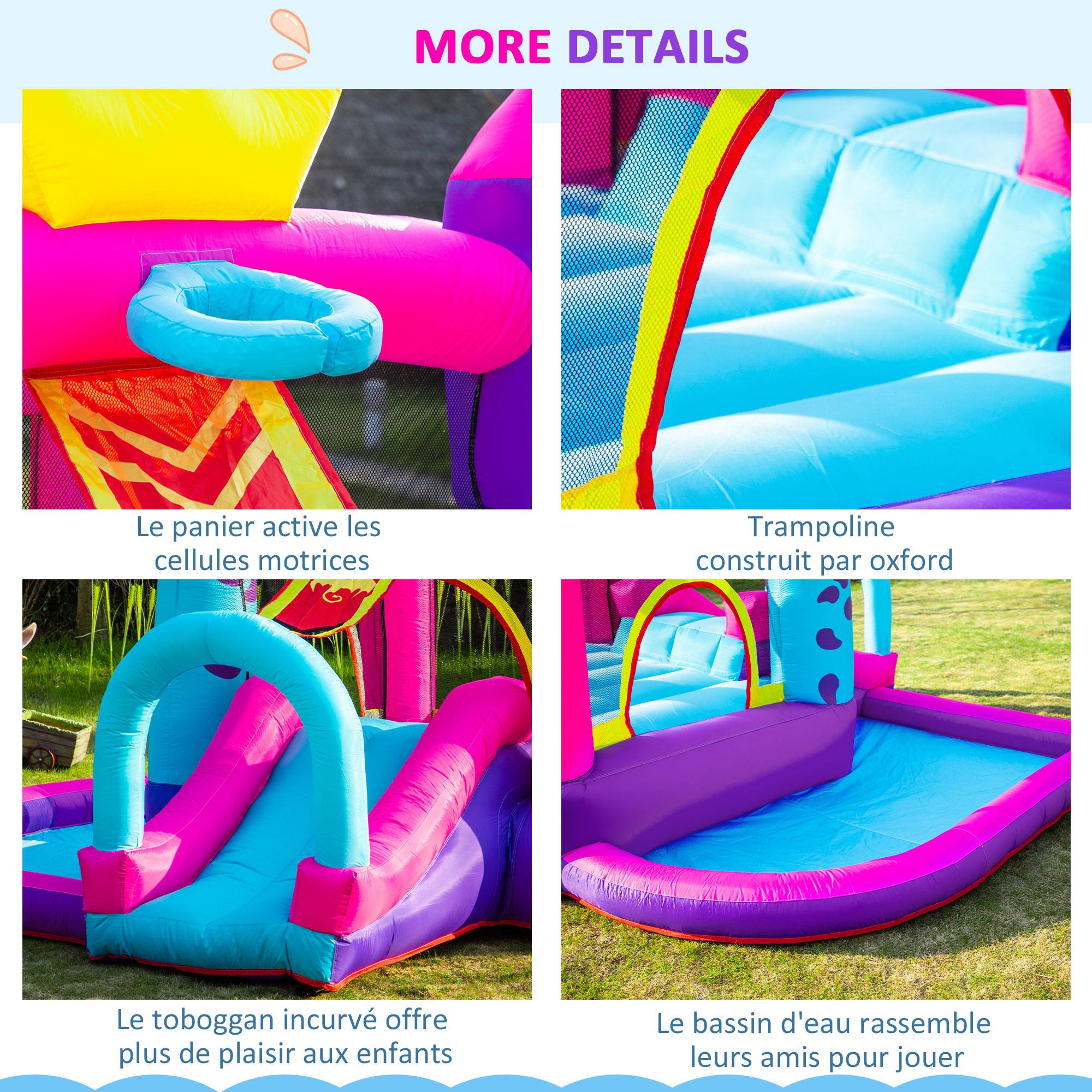 Château gonflable toboggan trampoline piscine panier, jusqu'à 3 enfants +3 ans, souffleur 350W + sac, 300×270×200 cm, multicolore - Image 9