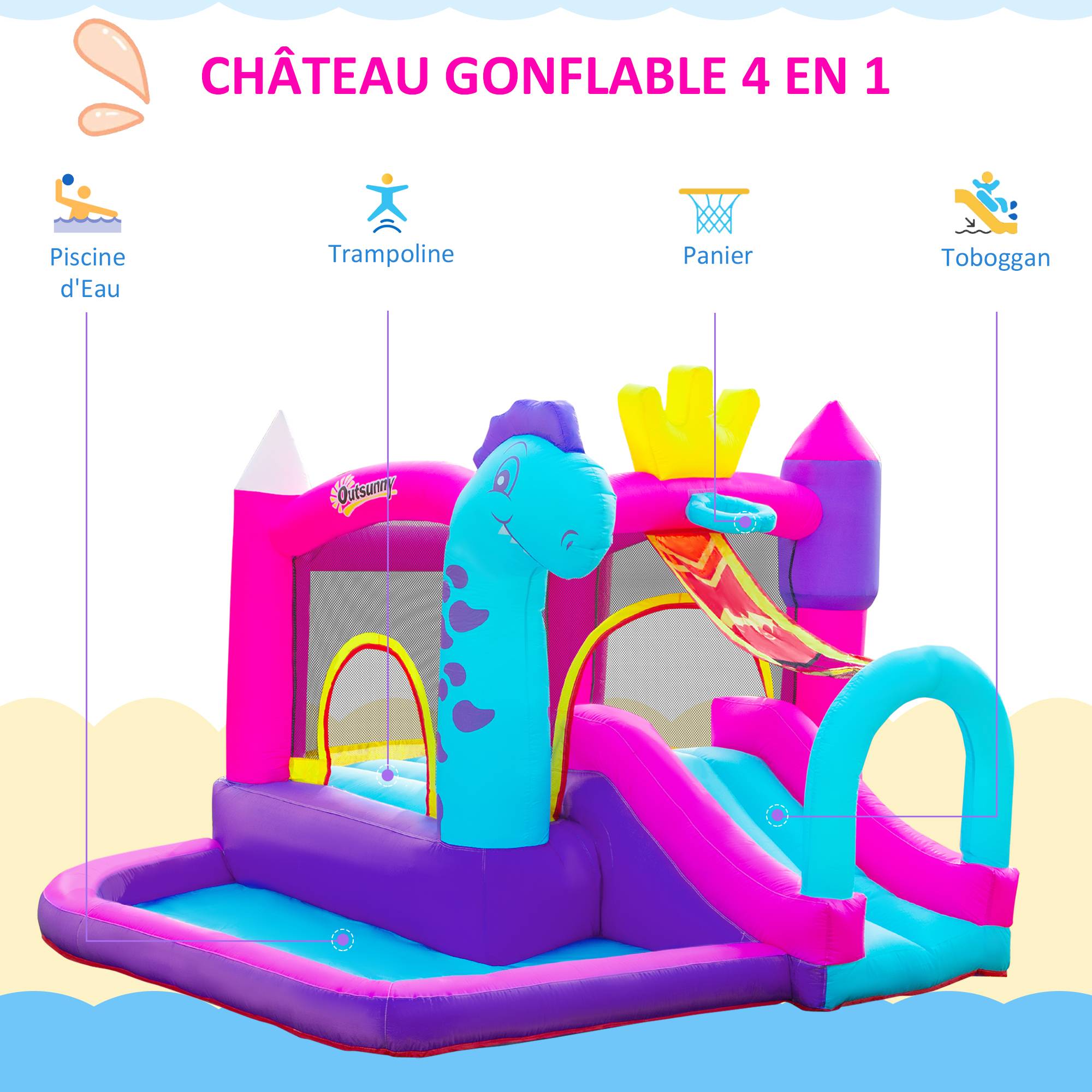 Château gonflable toboggan trampoline piscine panier, jusqu'à 3 enfants +3 ans, souffleur 350W + sac, 300×270×200 cm, multicolore - Image 6
