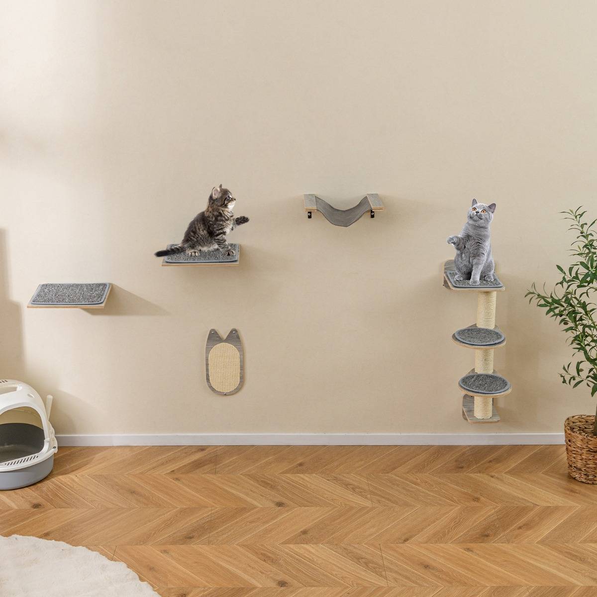 Arbre à Chat Mural Meubles avec 4 Niveaux Hamac Planche à Griffer & Tapis 2 Plateformes de Saut - Image 2