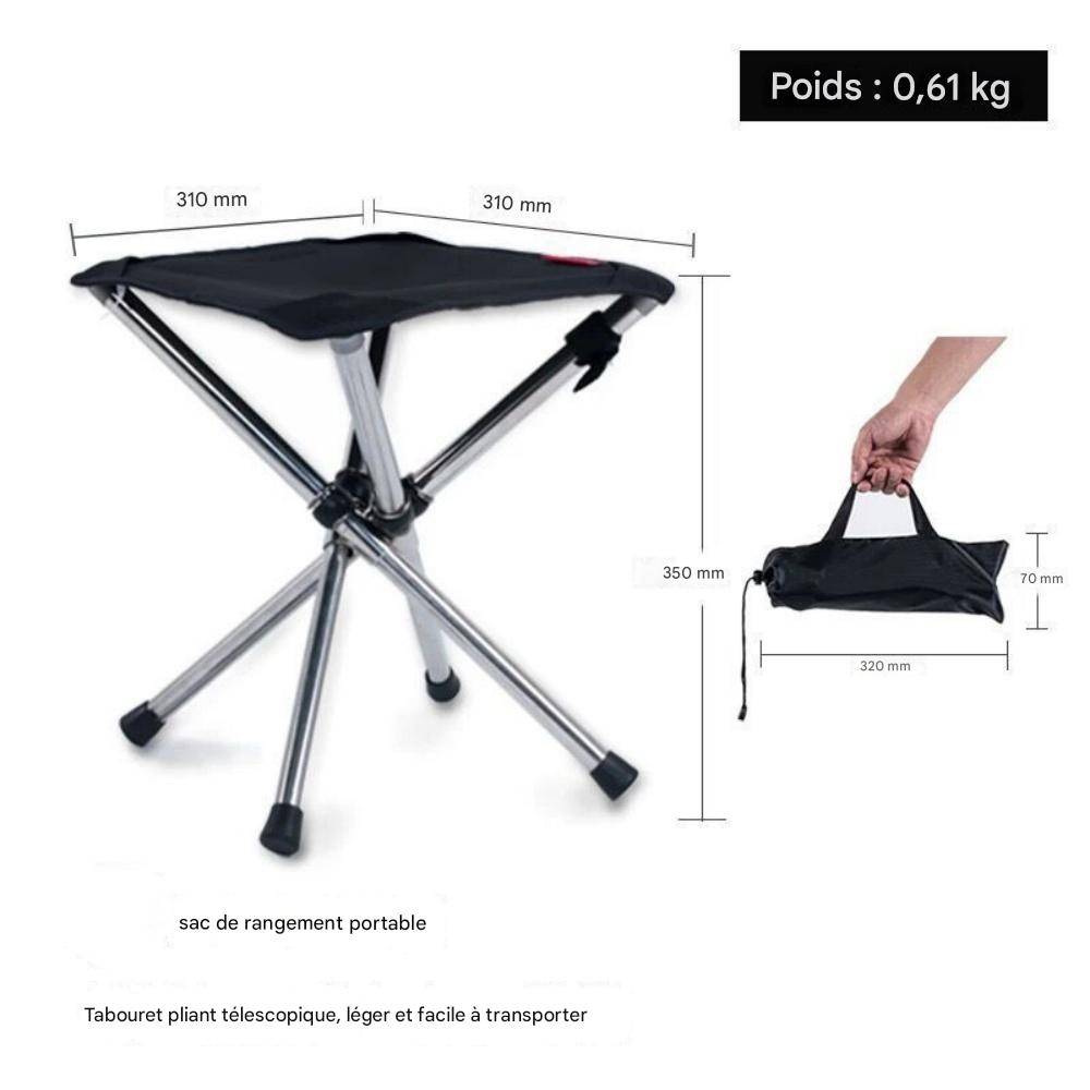 Tabouret Télescopique Pliable – Hauteur Réglable 6-45cm, Capacité 180kg, Pour Camping, Pêche