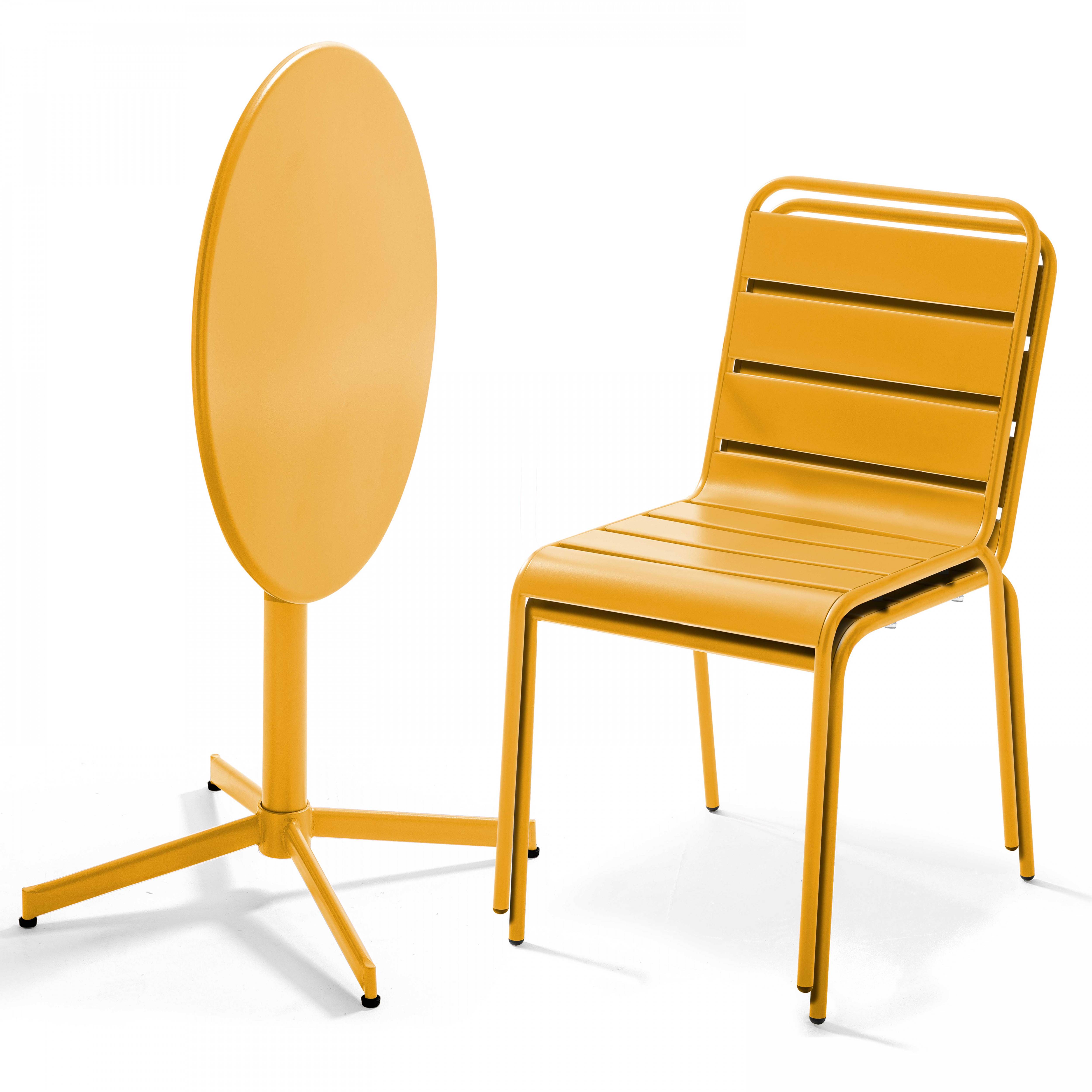 Oviala - Ensemble table de jardin ronde et 2 chaises métal jaune Palavas - Oviala - Imagen 3