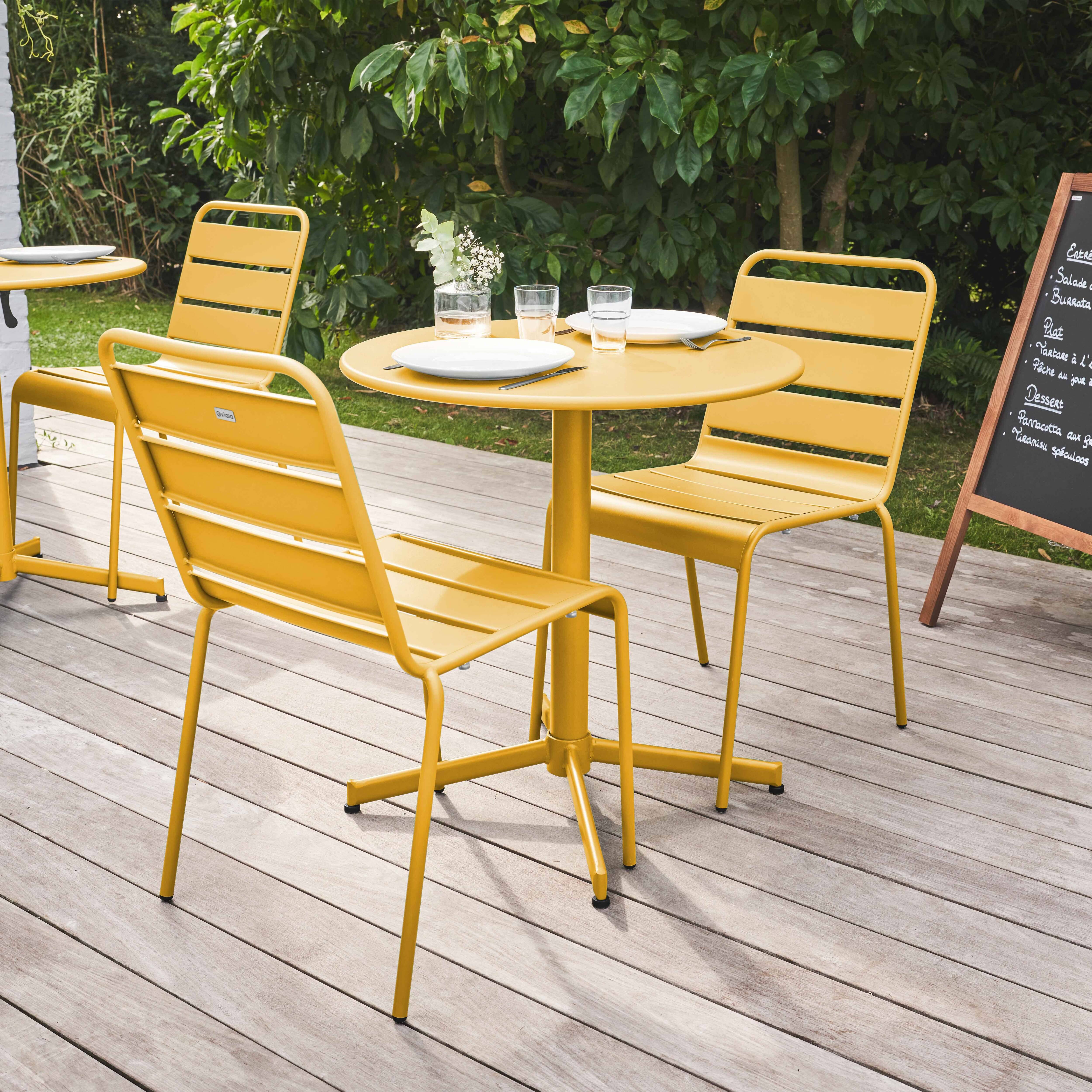 Oviala - Ensemble table de jardin ronde et 2 chaises métal jaune Palavas - Oviala - Imagen 2