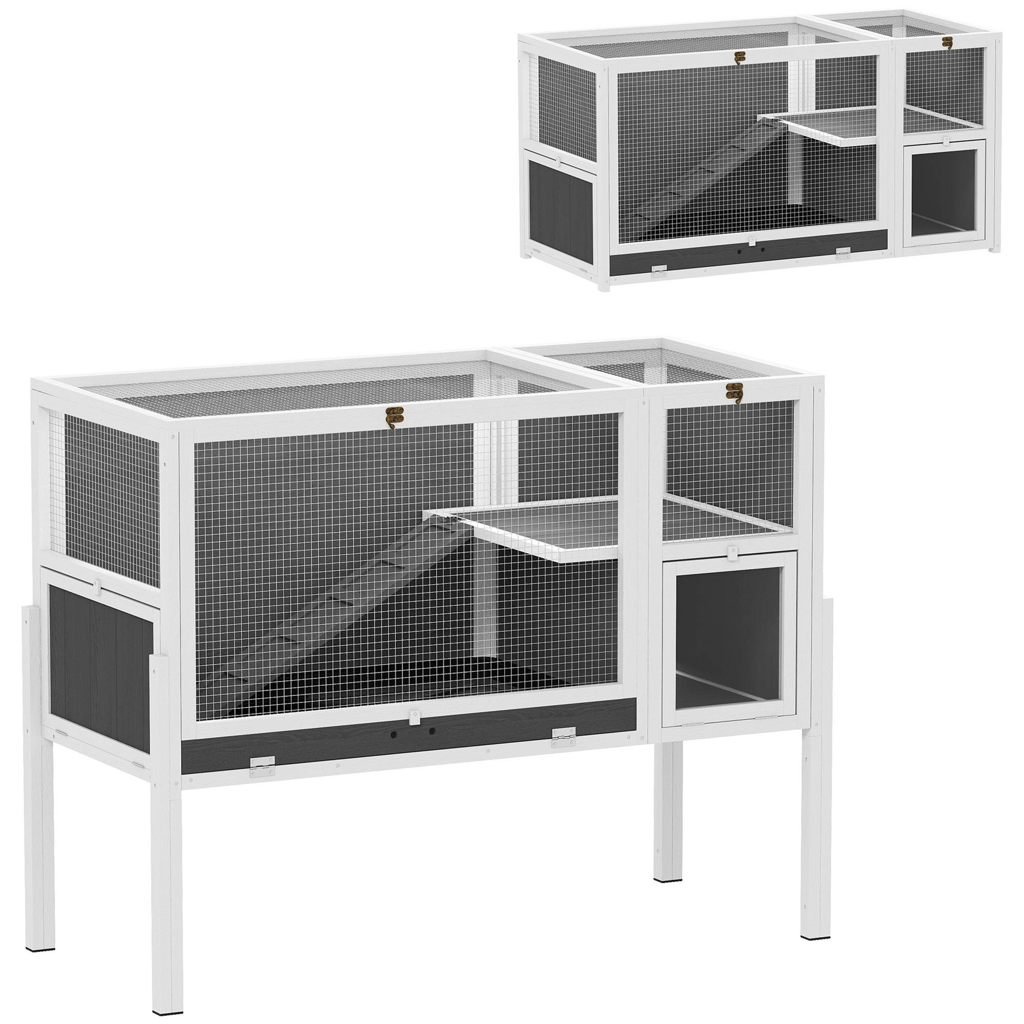 Cage surélevée d'intérieur pour lapins et hamsters, avec plateau amovible et toit ouvrant, grise