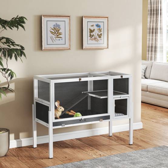 Cage surélevée d'intérieur pour lapins et hamsters, avec plateau amovible et toit ouvrant, grise - Image 4