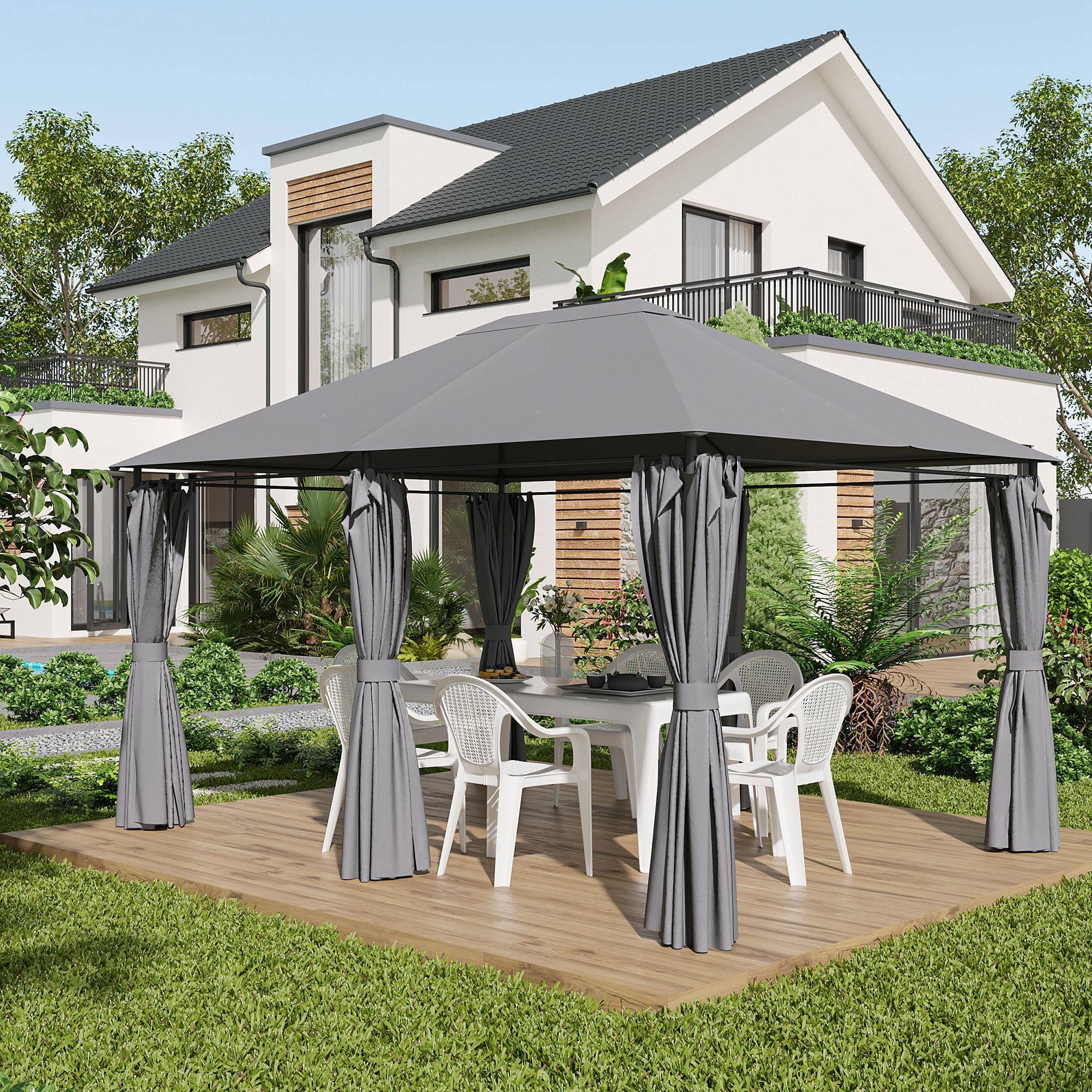 Tonnelle de jardin métal rideaux amovibles terrasse toit imperméable 3x4m gris - ComfortXL Outdoor Living - Image 4