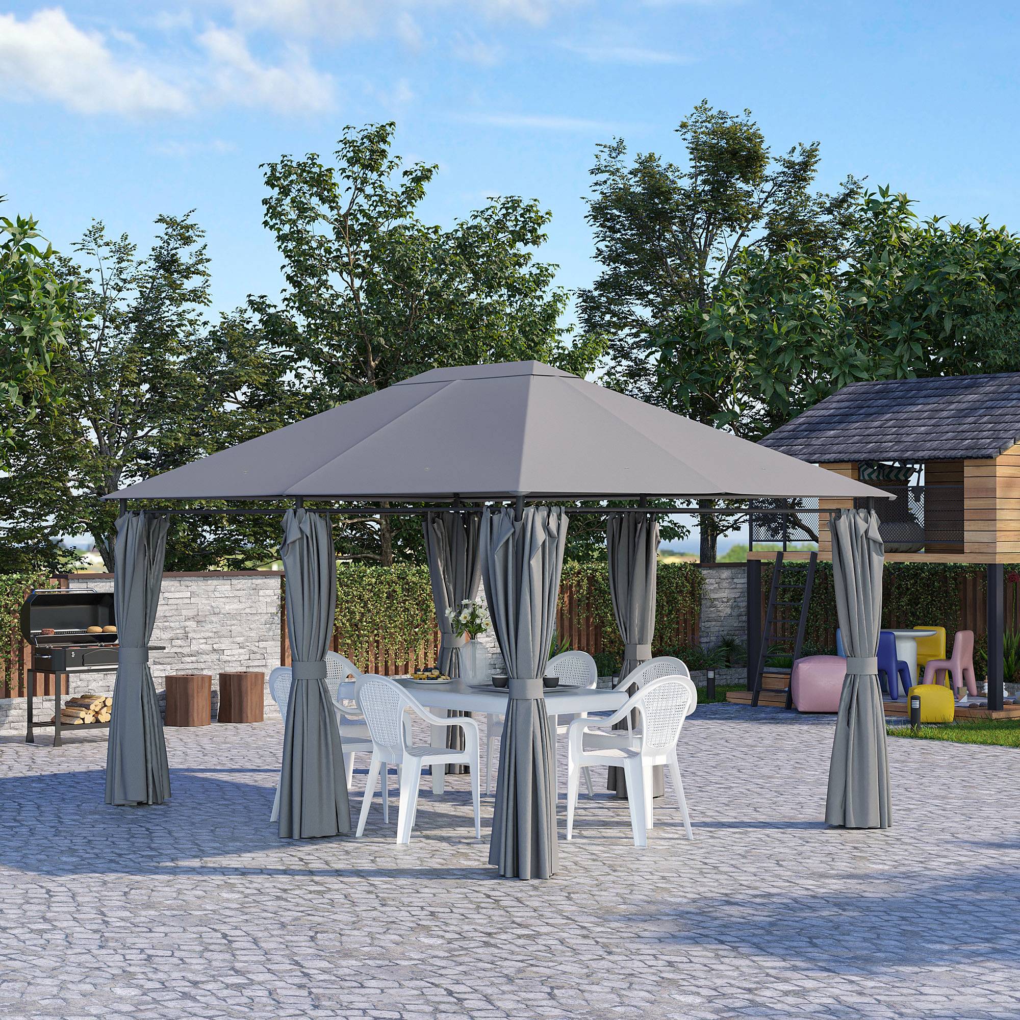 Tonnelle de jardin métal rideaux amovibles terrasse toit imperméable 3x4m gris - ComfortXL Outdoor Living - Image 3