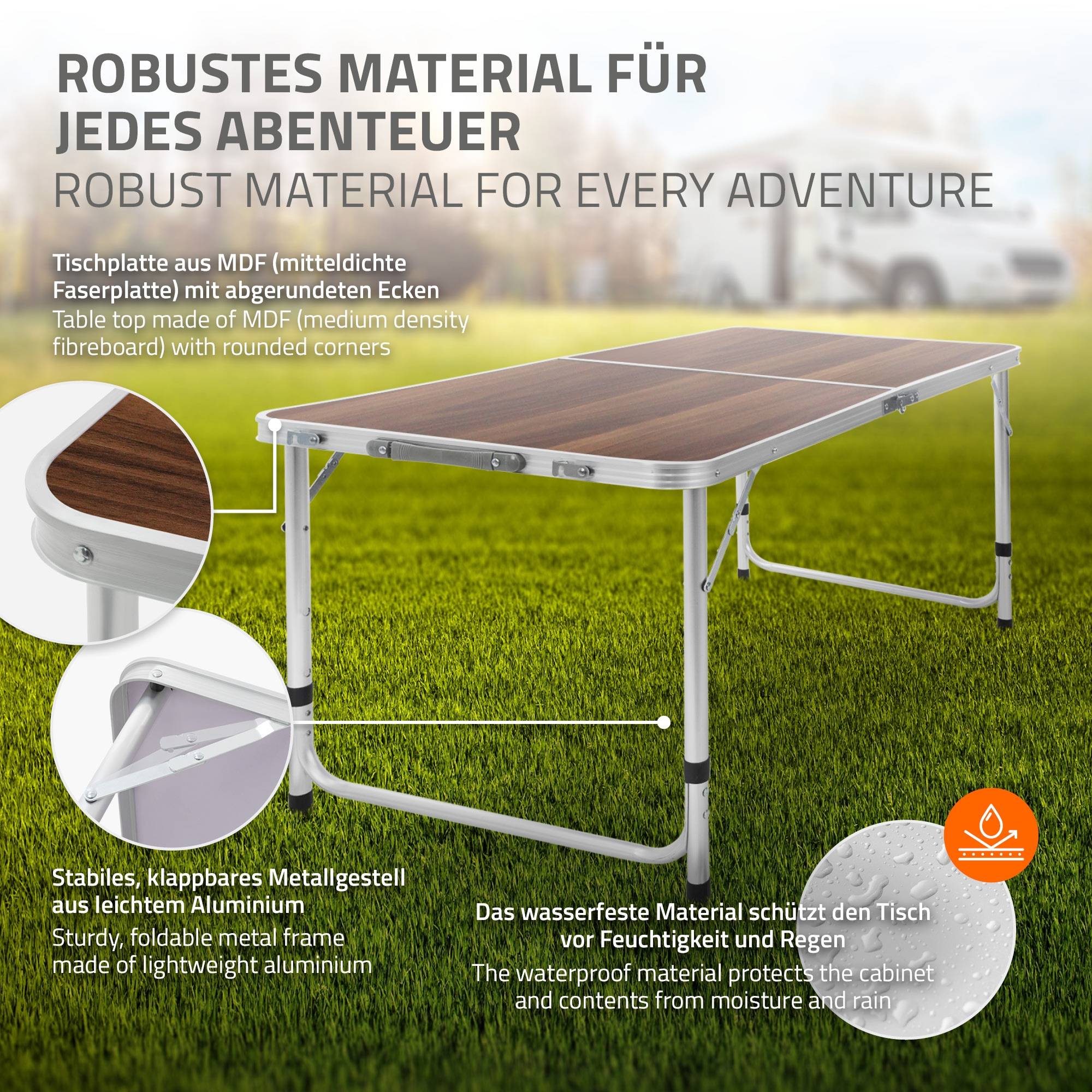 Ecd-Germany - Table Pliante Transportable de Camping - 120 x 60 x 55/63/70 cm - Hauteur Réglable - en Aluminium et MDF - Marron - Imagen 7