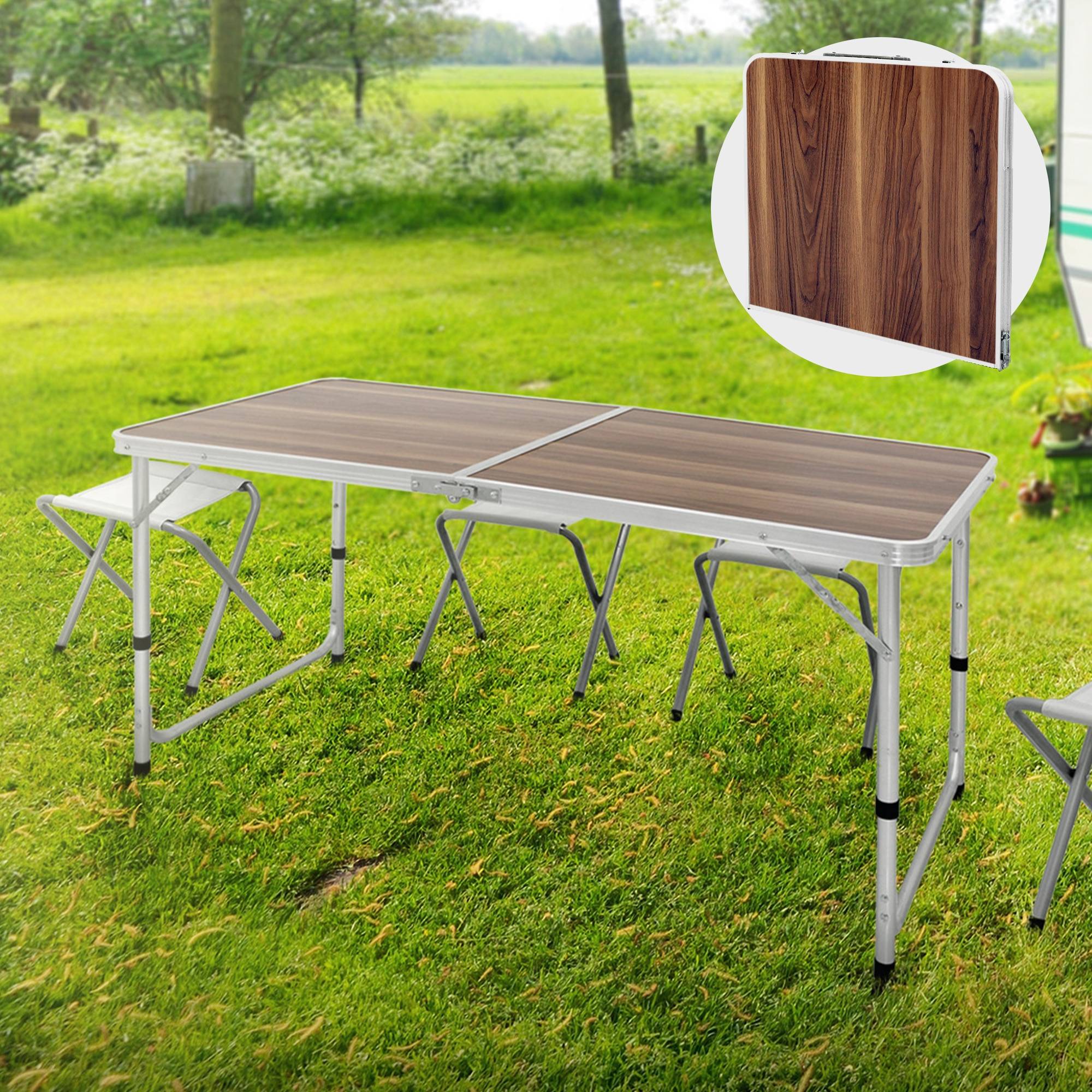 Ecd-Germany - Table Pliante Transportable de Camping - 120 x 60 x 55/63/70 cm - Hauteur Réglable - en Aluminium et MDF - Marron - Imagen 2