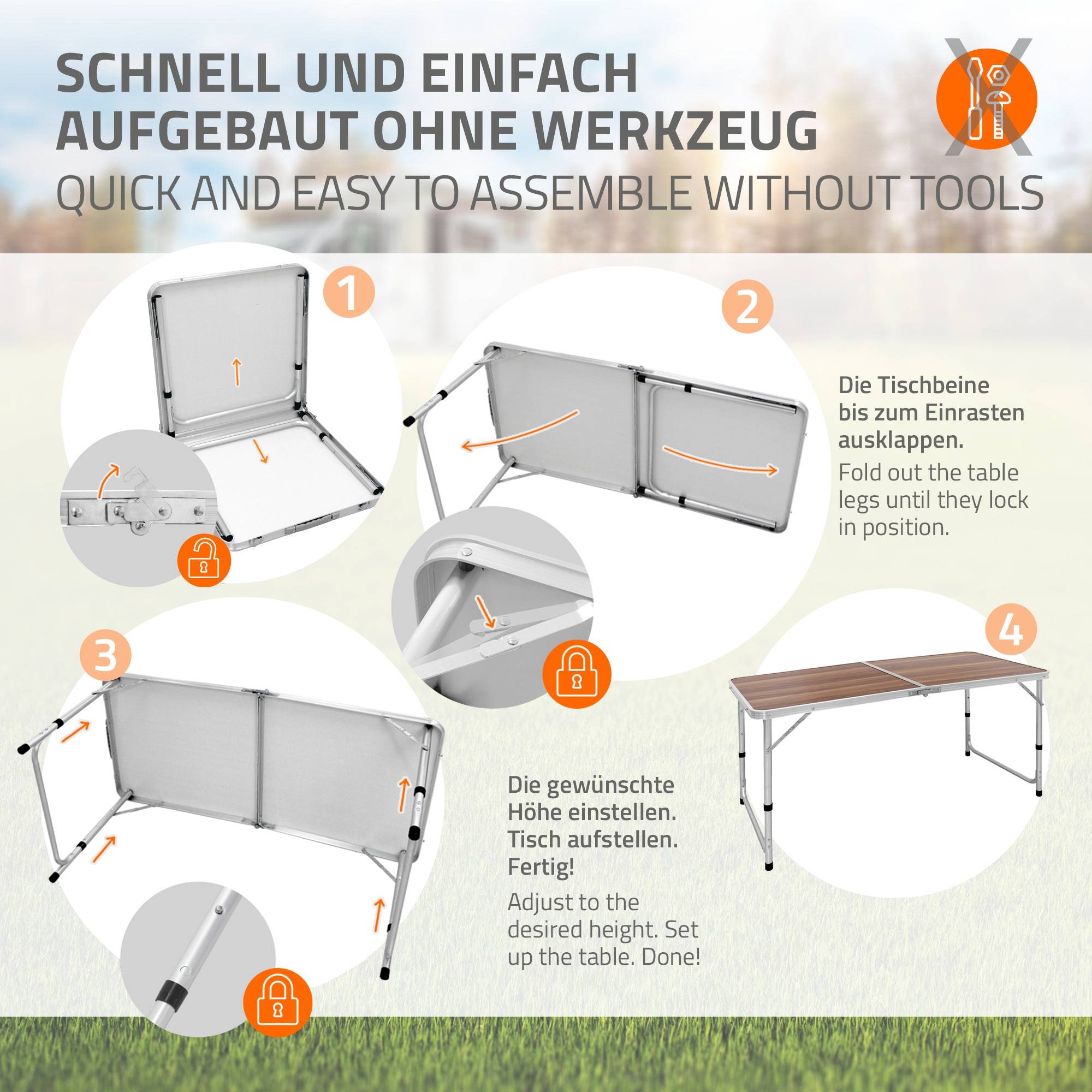 Ecd-Germany - Table Pliante Transportable de Camping - 120 x 60 x 55/63/70 cm - Hauteur Réglable - en Aluminium et MDF - Marron - Imagen 5