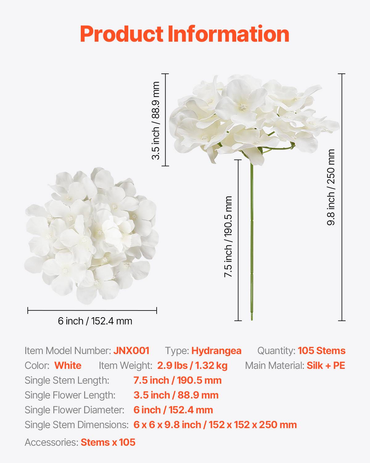 VEVOR Hortensia artificiel lot de 105, 250mm. Aspect réaliste, tête 152mm. Décoration intérieure, fêtes. Blanc. - Image 7