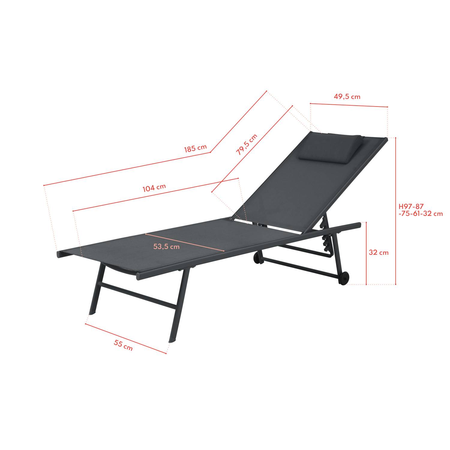 Autre - Lot de 2 transats inclinables et empilables - Anthracite - SUNNY - Imagen 6
