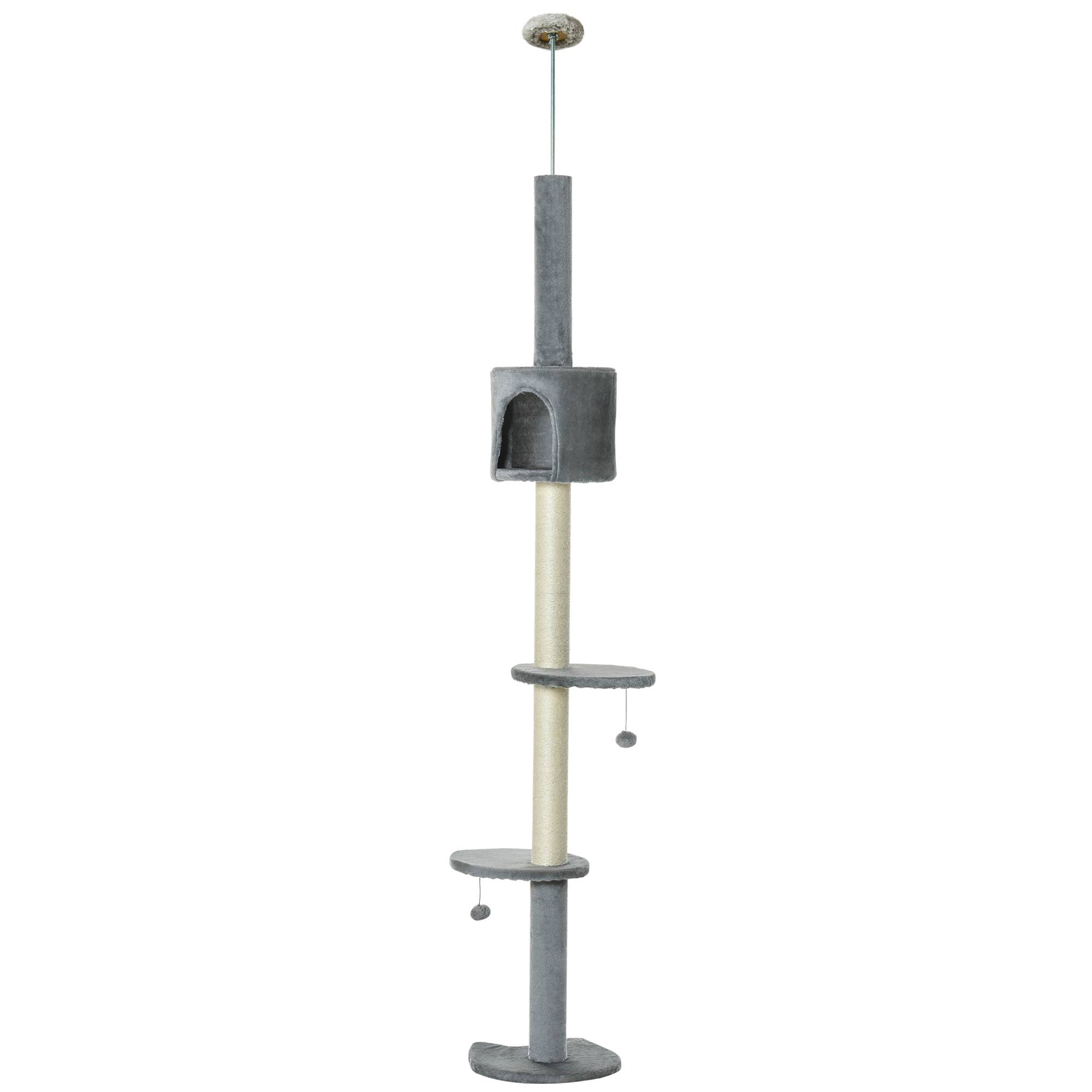 Arbre à chat sol-plafond hauteur réglable avec niche et griffoirs en sisal 255 cm Gris Clair - ComfortXL Outdoor Living - Image 2