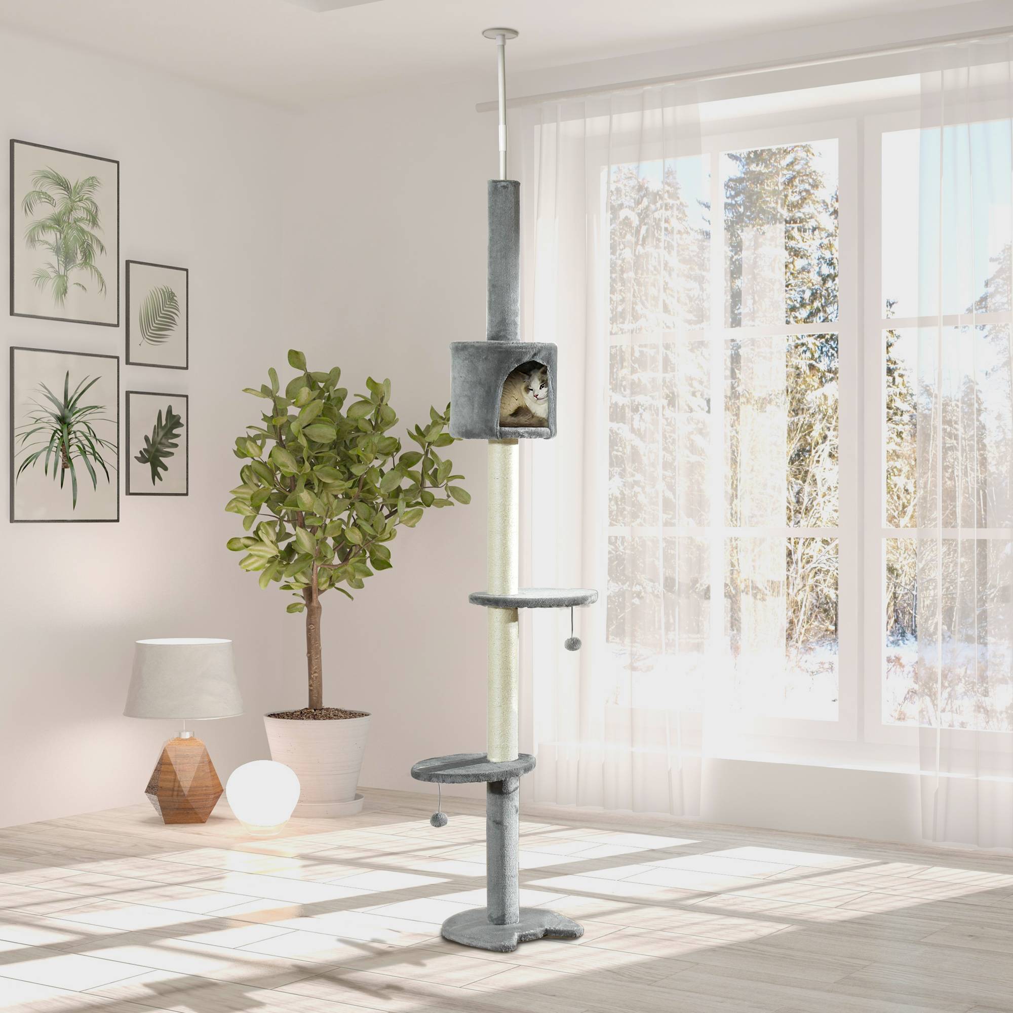 Arbre à chat sol-plafond hauteur réglable avec niche et griffoirs en sisal 255 cm Gris Clair - ComfortXL Outdoor Living - Image 4