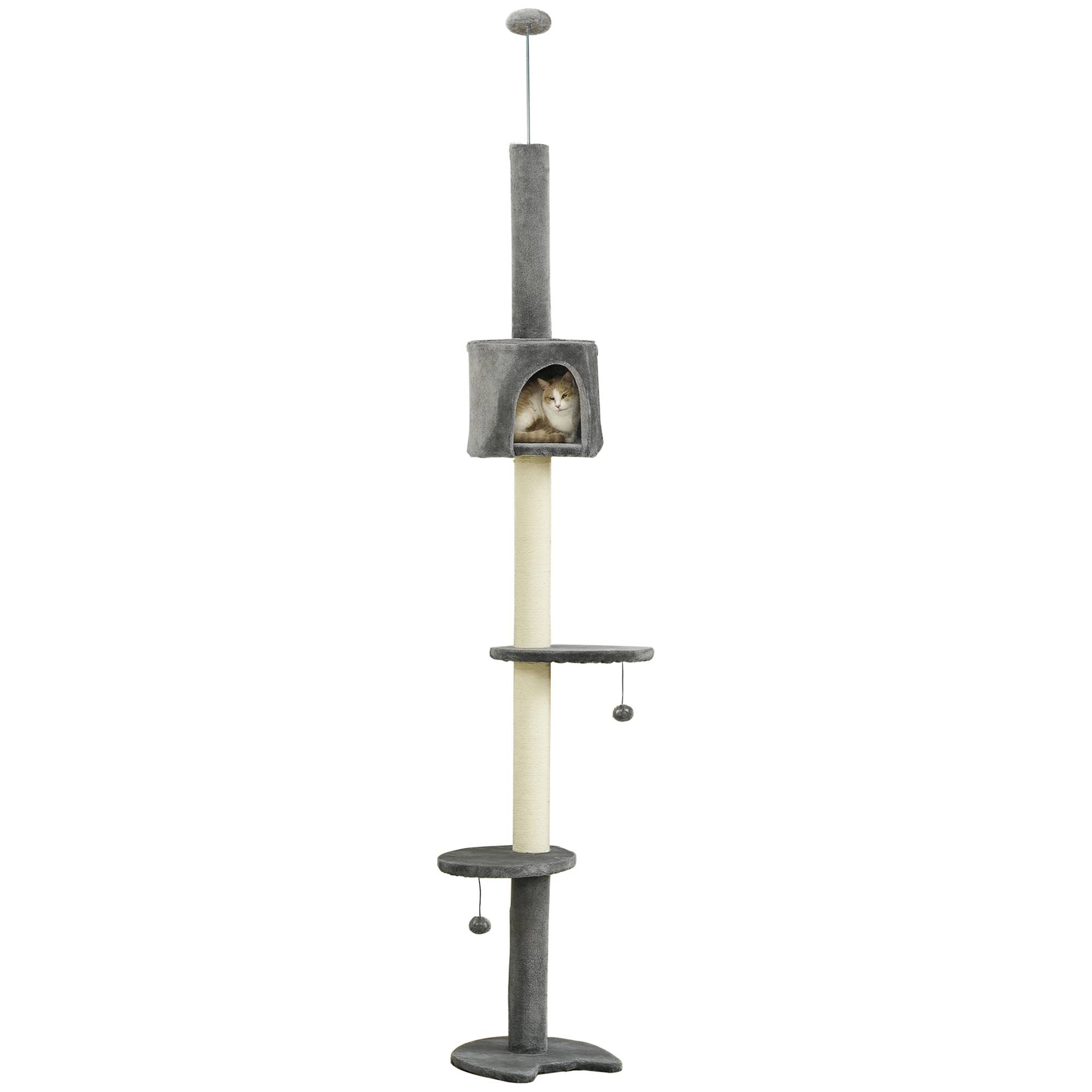 Arbre à chat sol-plafond hauteur réglable avec niche et griffoirs en sisal 255 cm Gris Clair - ComfortXL Outdoor Living - Image 1