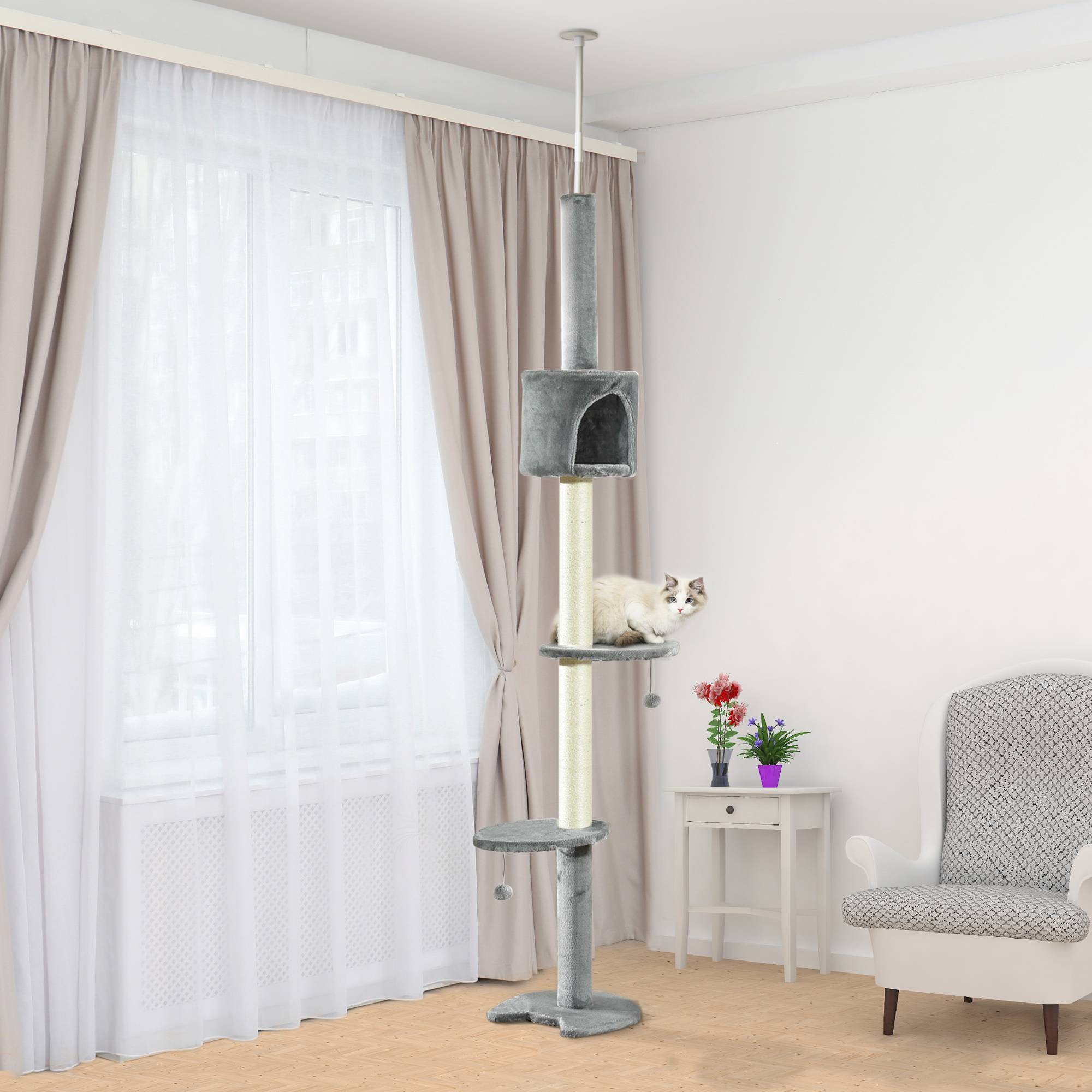 Arbre à chat sol-plafond hauteur réglable avec niche et griffoirs en sisal 255 cm Gris Clair - ComfortXL Outdoor Living - Image 3