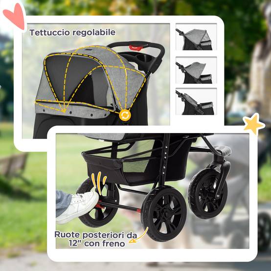 Poussette chien 2 en 1 pliable à 3 roues, frein, panier, porte-bouteille, acier et tissu Oxford, gris et noir - Image 9