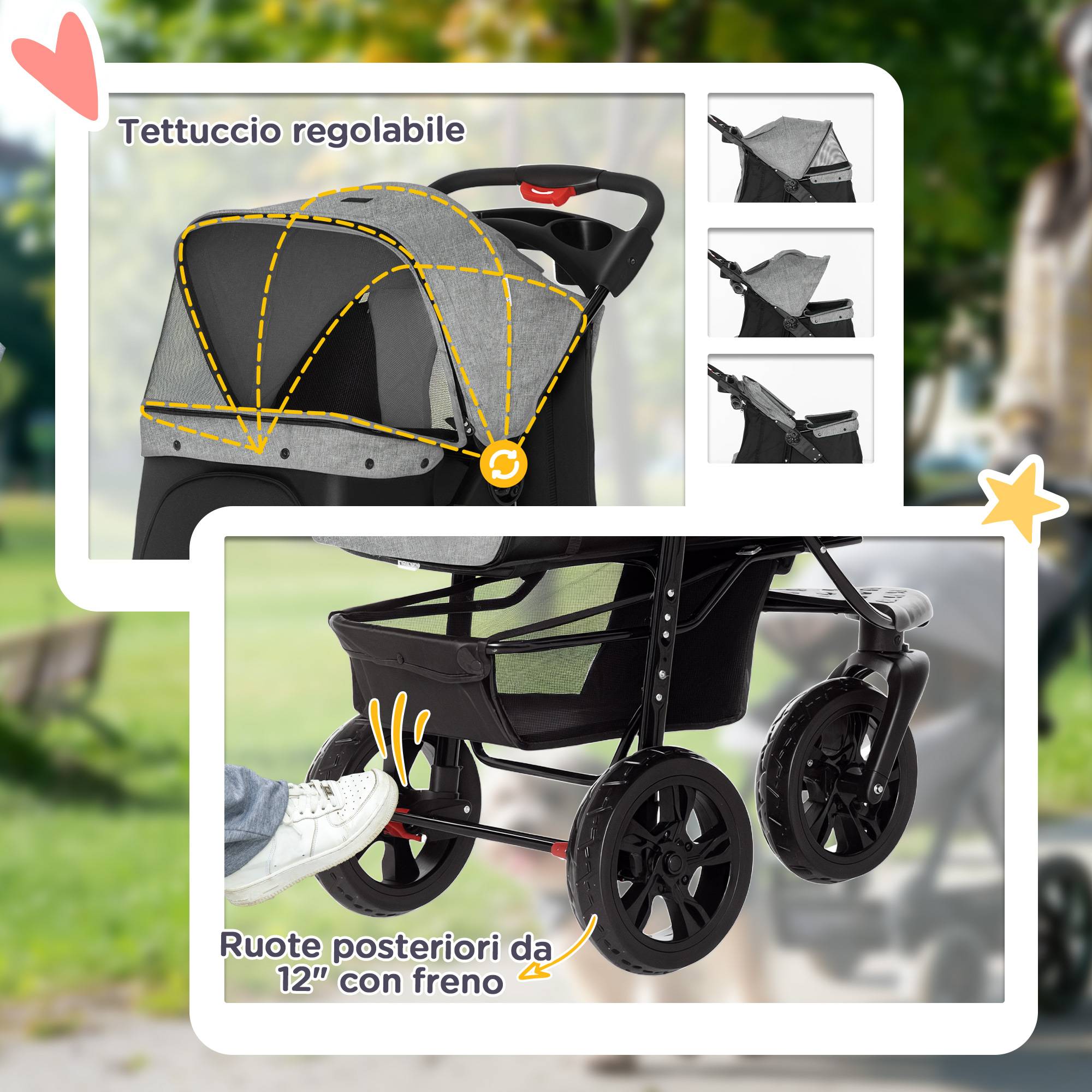Poussette chien 2 en 1 pliable à 3 roues, frein, panier, porte-bouteille, acier et tissu Oxford, gris et noir - Image 9