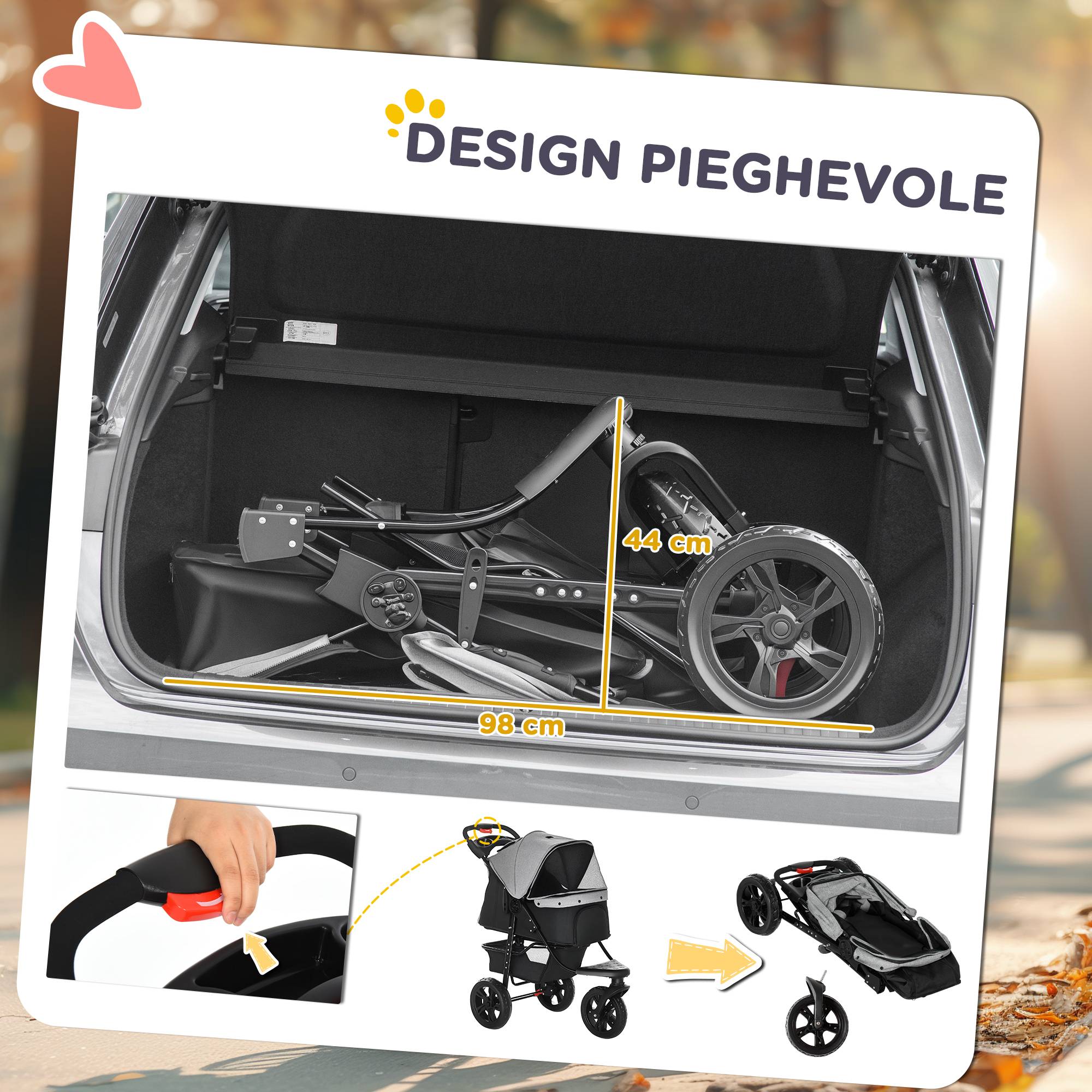 Poussette chien 2 en 1 pliable à 3 roues, frein, panier, porte-bouteille, acier et tissu Oxford, gris et noir - Image 8