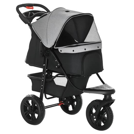 Poussette chien 2 en 1 pliable à 3 roues, frein, panier, porte-bouteille, acier et tissu Oxford, gris et noir - Image 1