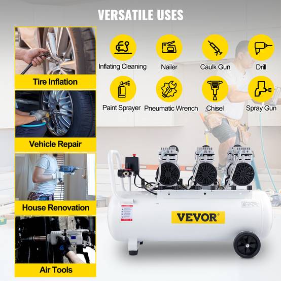 VEVOR Compresseur silencieux sans huile 22 gallons (80L), 2 manomètres, pour peinture/nettoyage. - Image 6
