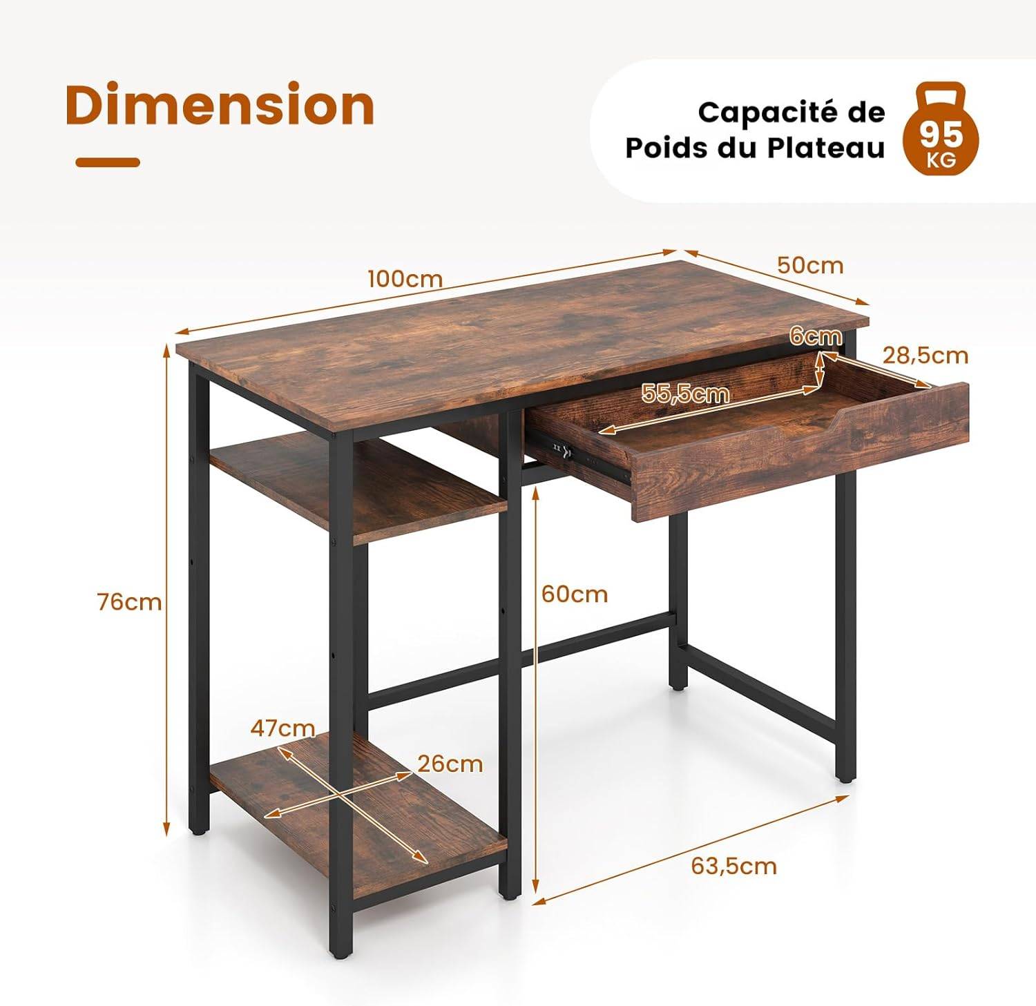 HOMIDEC Bureau d'ordinateur,Table avec tiroirs 100*50*75