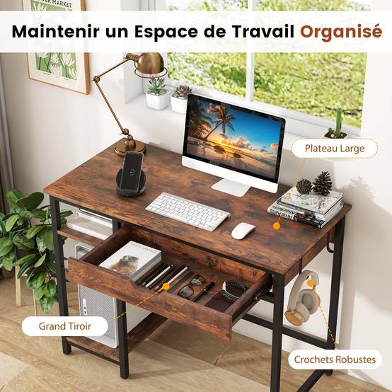 Mondeer Bureau Noir, Bureau Ordinateur avec 2 Tiroirs et Étagères de Mondeer Bureau Noir, Bureau Ordinateur avec 2 Tiroirs et Étagères de