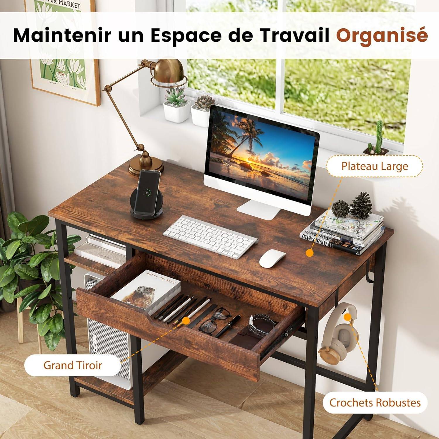Mondeer Bureau Noir, Bureau Ordinateur avec 2 Tiroirs et Étagères de