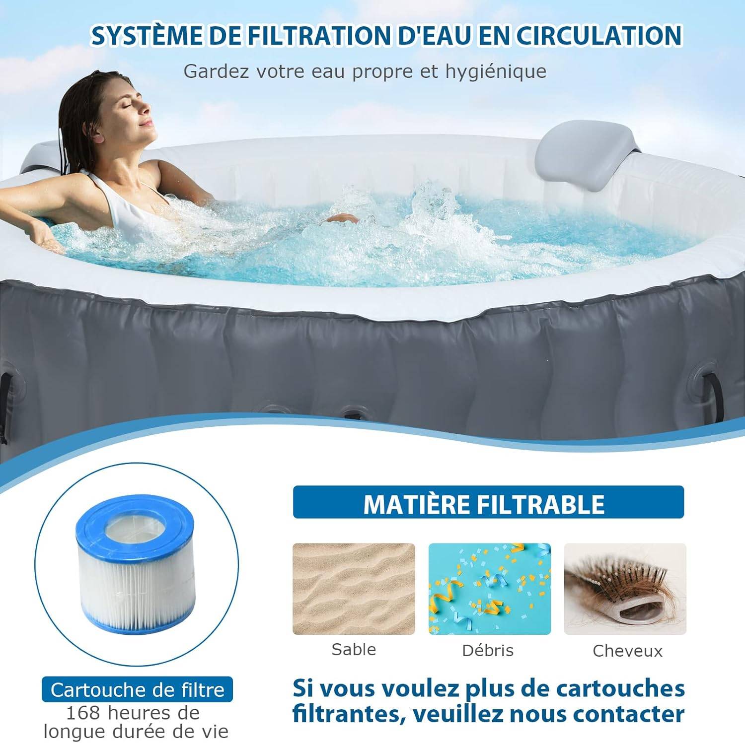 Spa gonflable avec appuie-tête, porte-gobelets, 180 x 68 cm, spa rond portable à 4 personnes gris - Image 5