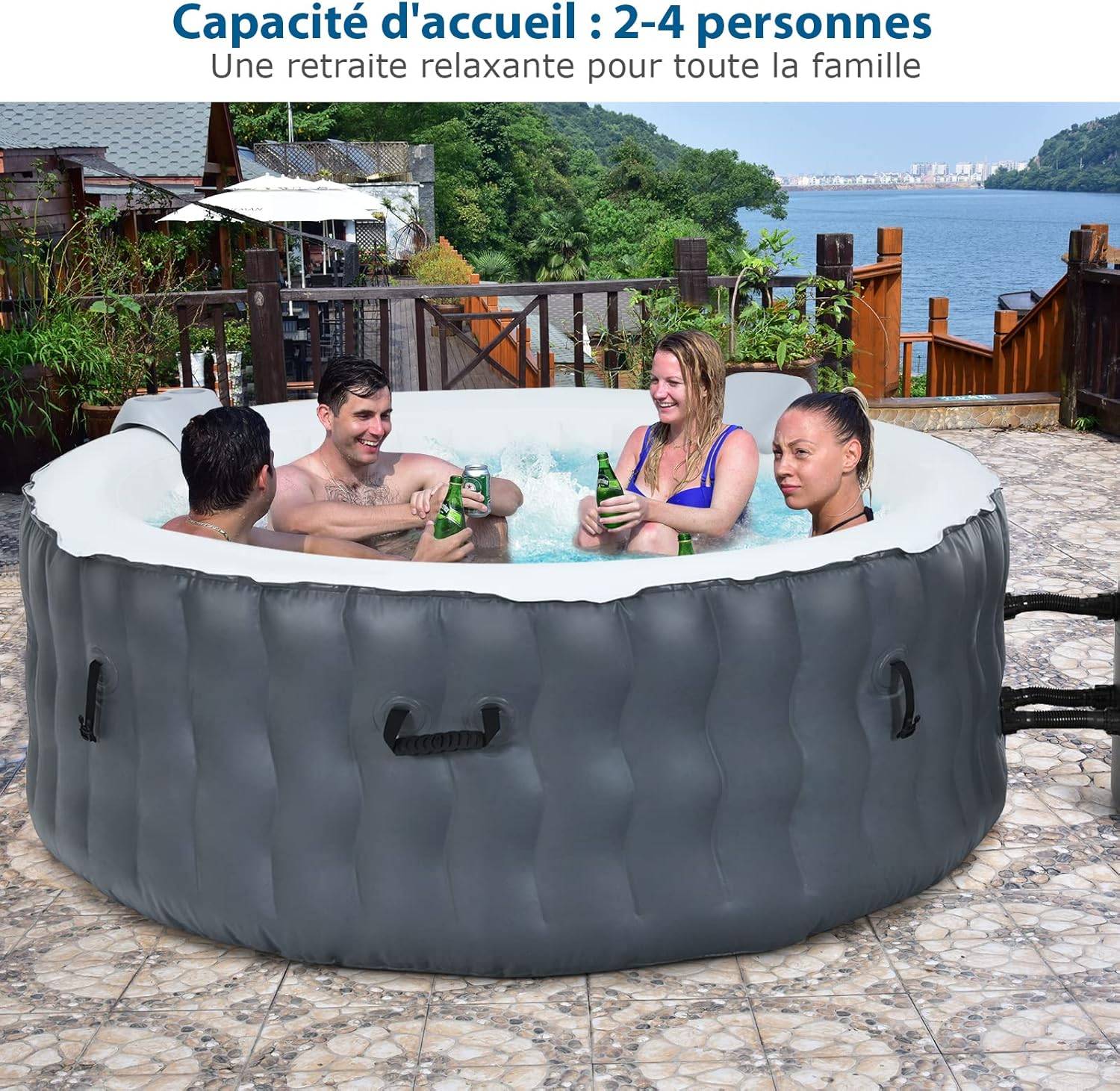 Spa gonflable avec appuie-tête, porte-gobelets, 180 x 68 cm, spa rond portable à 4 personnes gris - Image 4