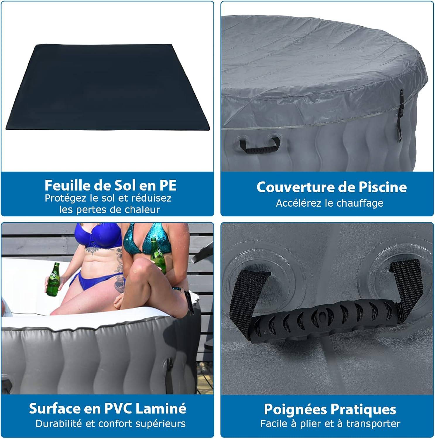 Spa gonflable avec appuie-tête, porte-gobelets, 180 x 68 cm, spa rond portable à 4 personnes gris - Image 3
